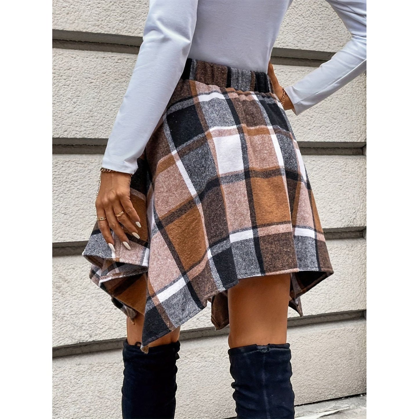 Tied Plaid Asymmetrical Hem Skirt