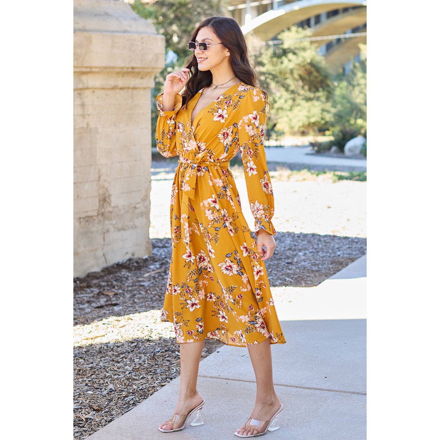 Double Take Full Size Floral Tie Back Flounce Sleeve Dress