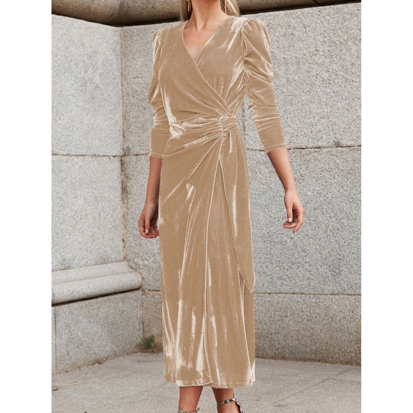 Surplice Puff Sleeve Midi Dress