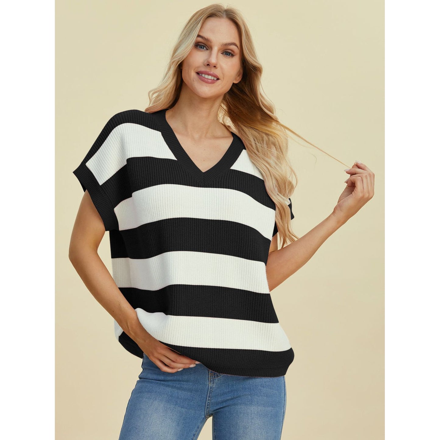 Double Take Full Size Striped V-Neck Short Sleeve Sweater