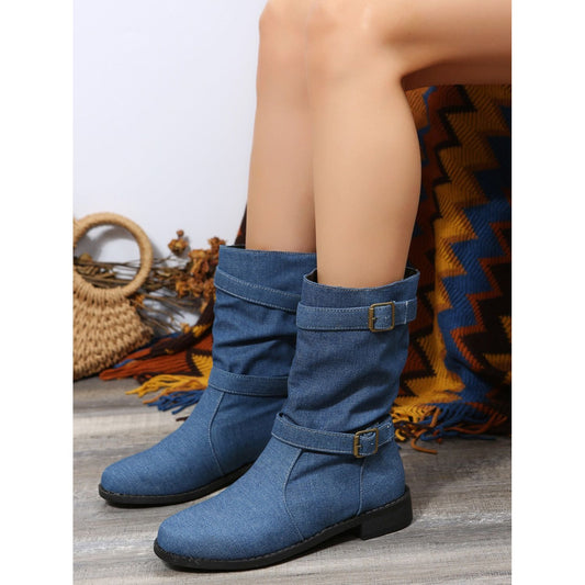 Double Buckle Block Heel Boots