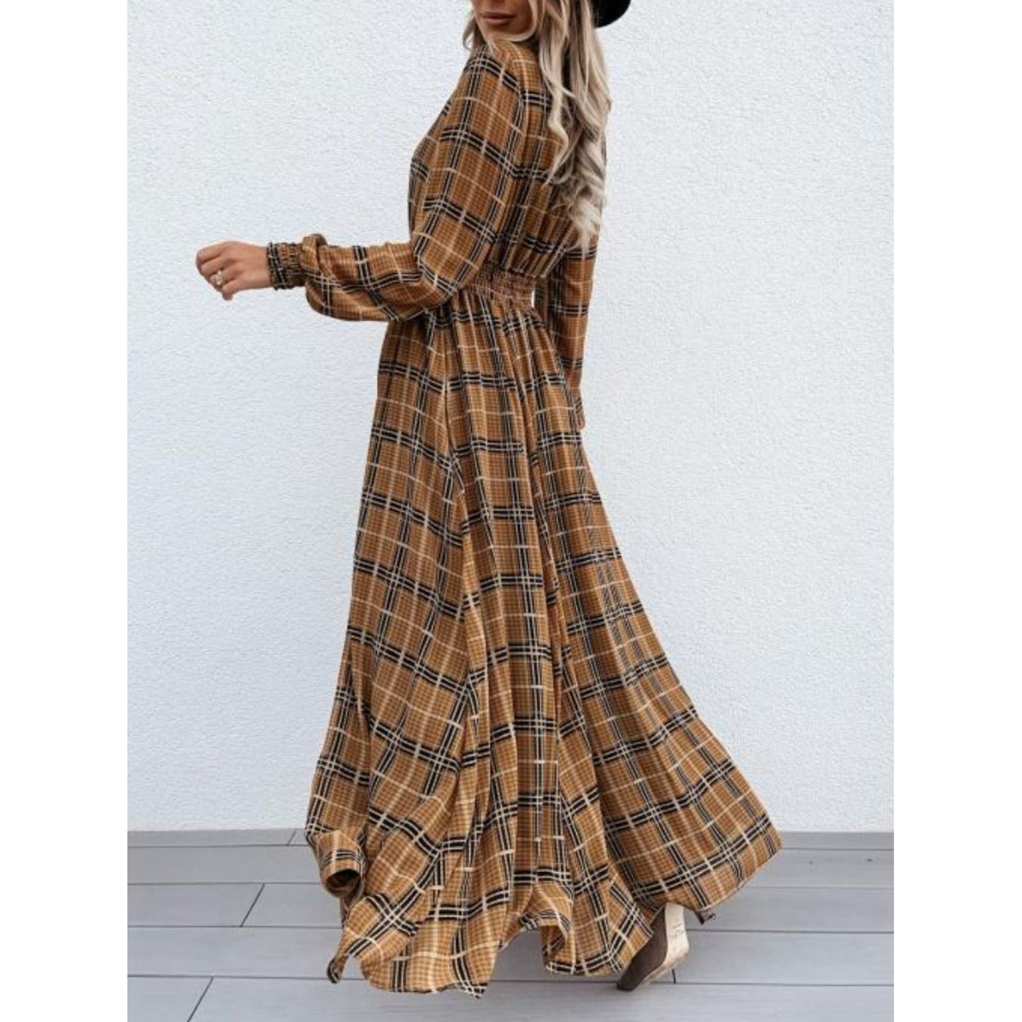 Slit Plaid Tie Neck Long Sleeve Maxi Dress