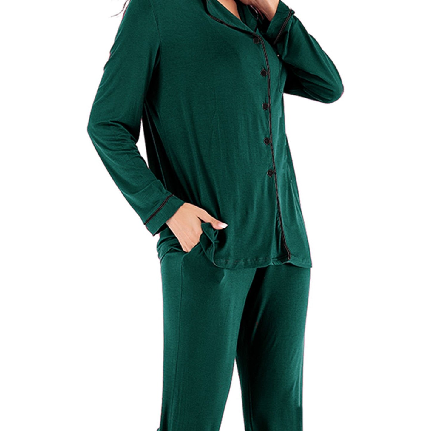 Collared Neck Long Sleeve Loungewear Set with Pockets