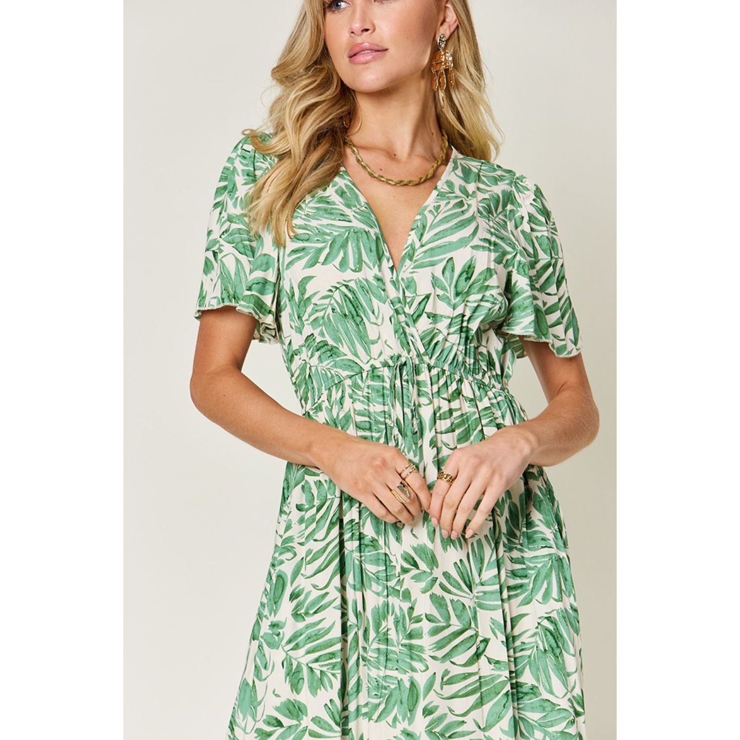 Double Take Full Size Printed Drawstring Short Sleeve Dress