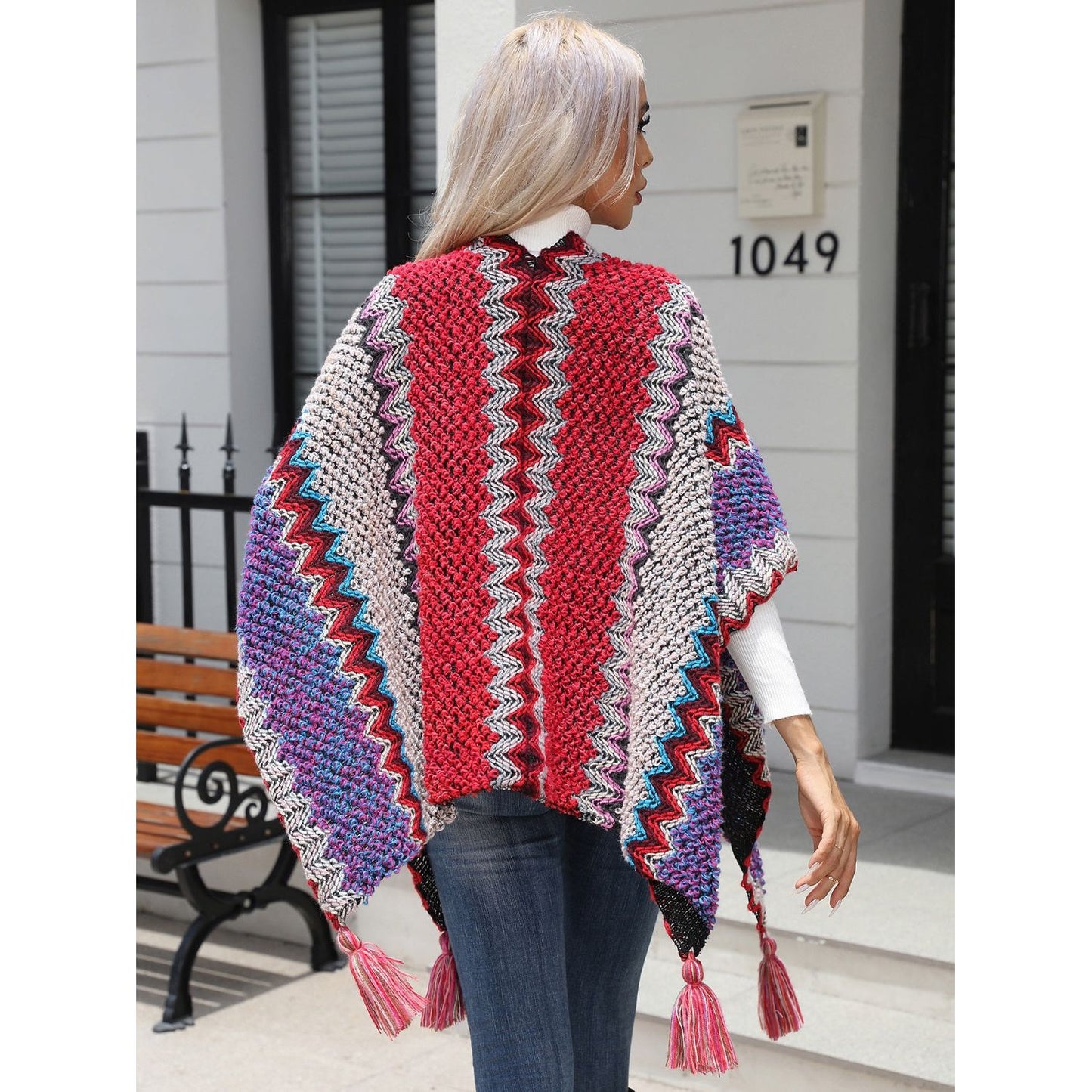 Striped Open Front Poncho with Tassels