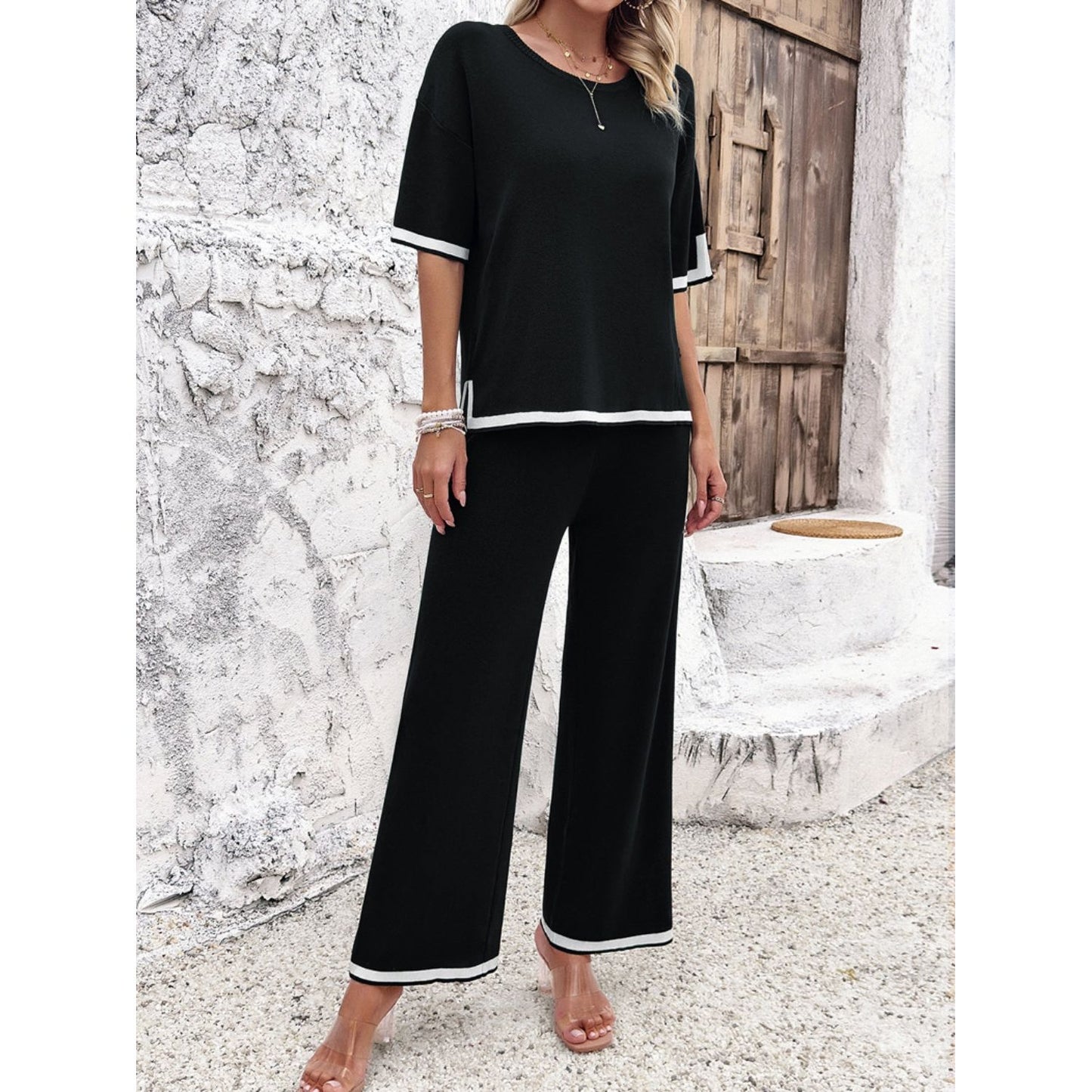 Contrast Trim Round Neck Top and Pants Set