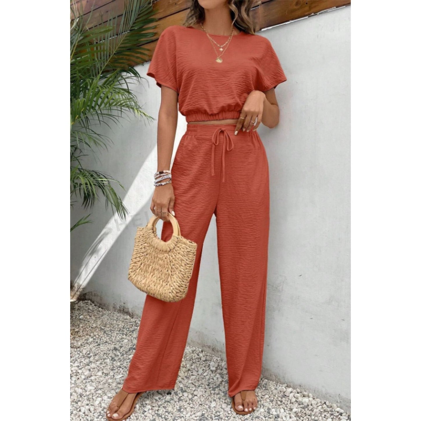 Round Neck Short Sleeve Top and Pants Set