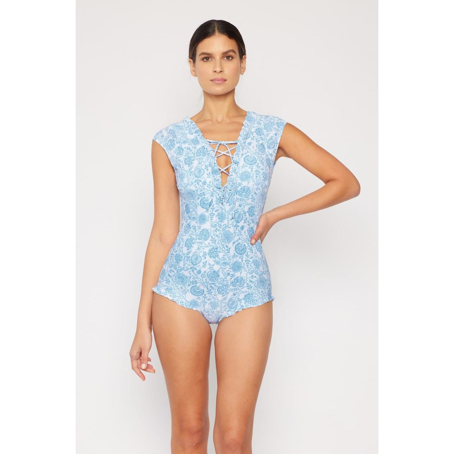 Marina West Swim Bring Me Flowers V-Neck One Piece Swimsuit In Thistle Blue