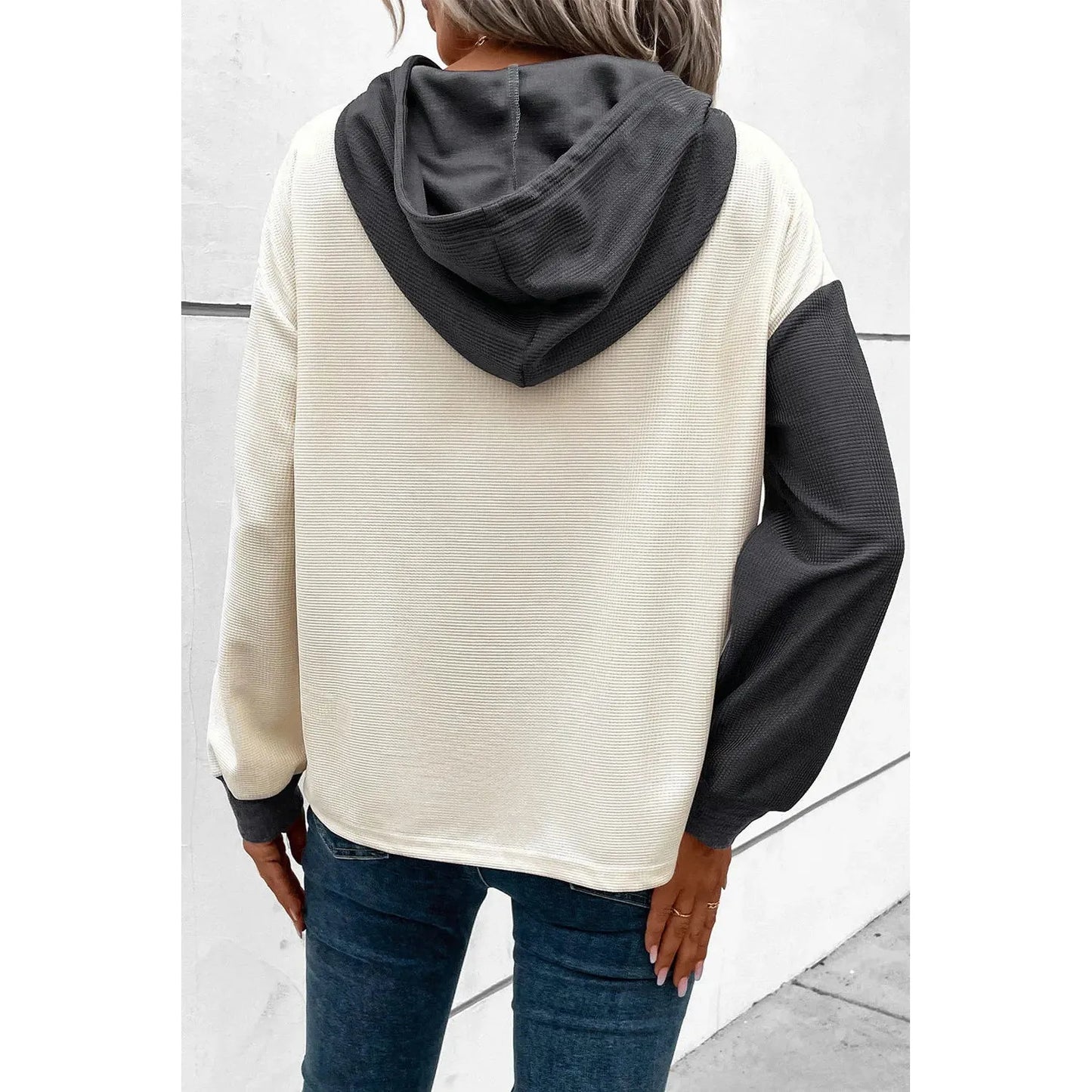 Drawstring Quarter Button Contrast Long Sleeve Hoodie