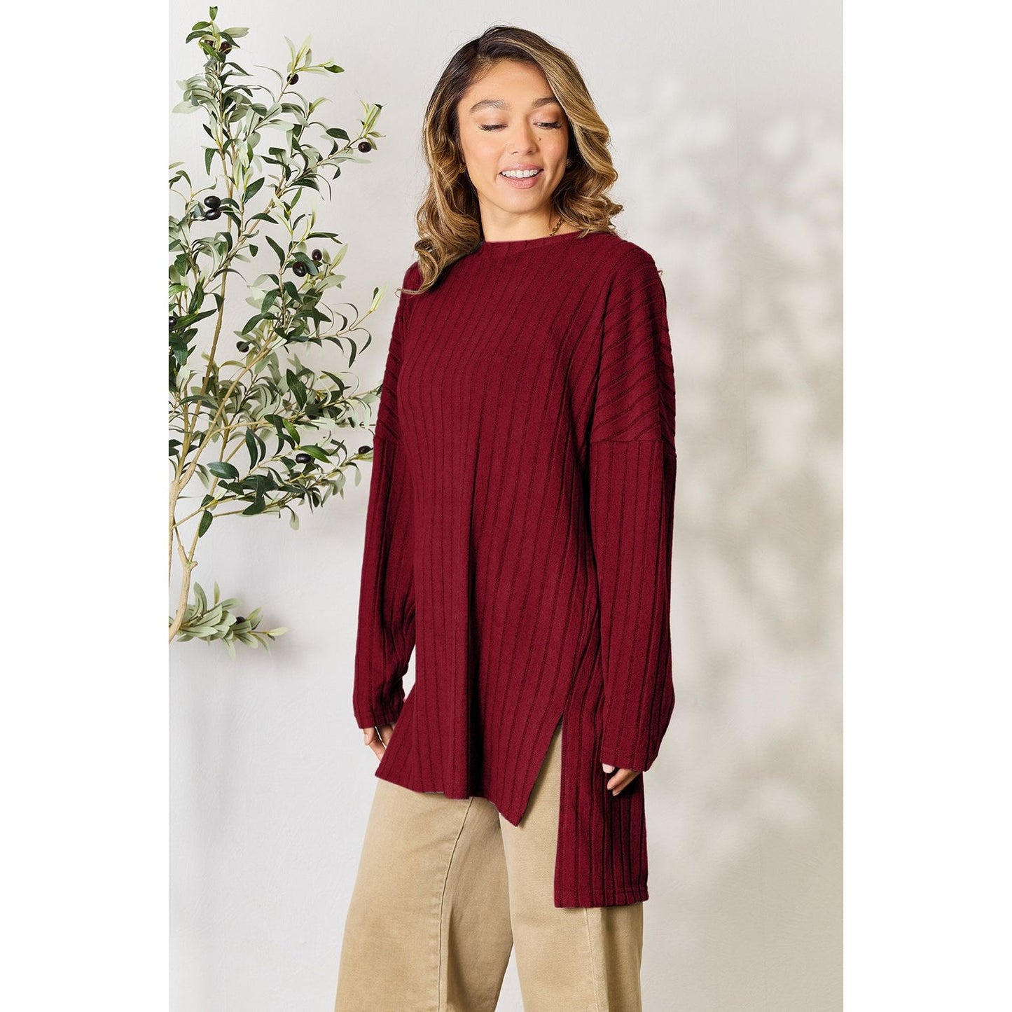 Basic Bae Full Size Ribbed Round Neck Long Sleeve Slit Top