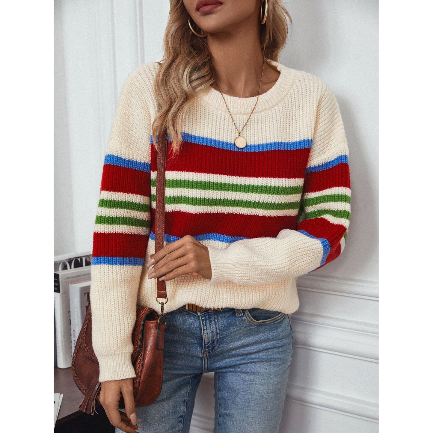 Contrast Stripes Round Neck Long Sleeve Sweater