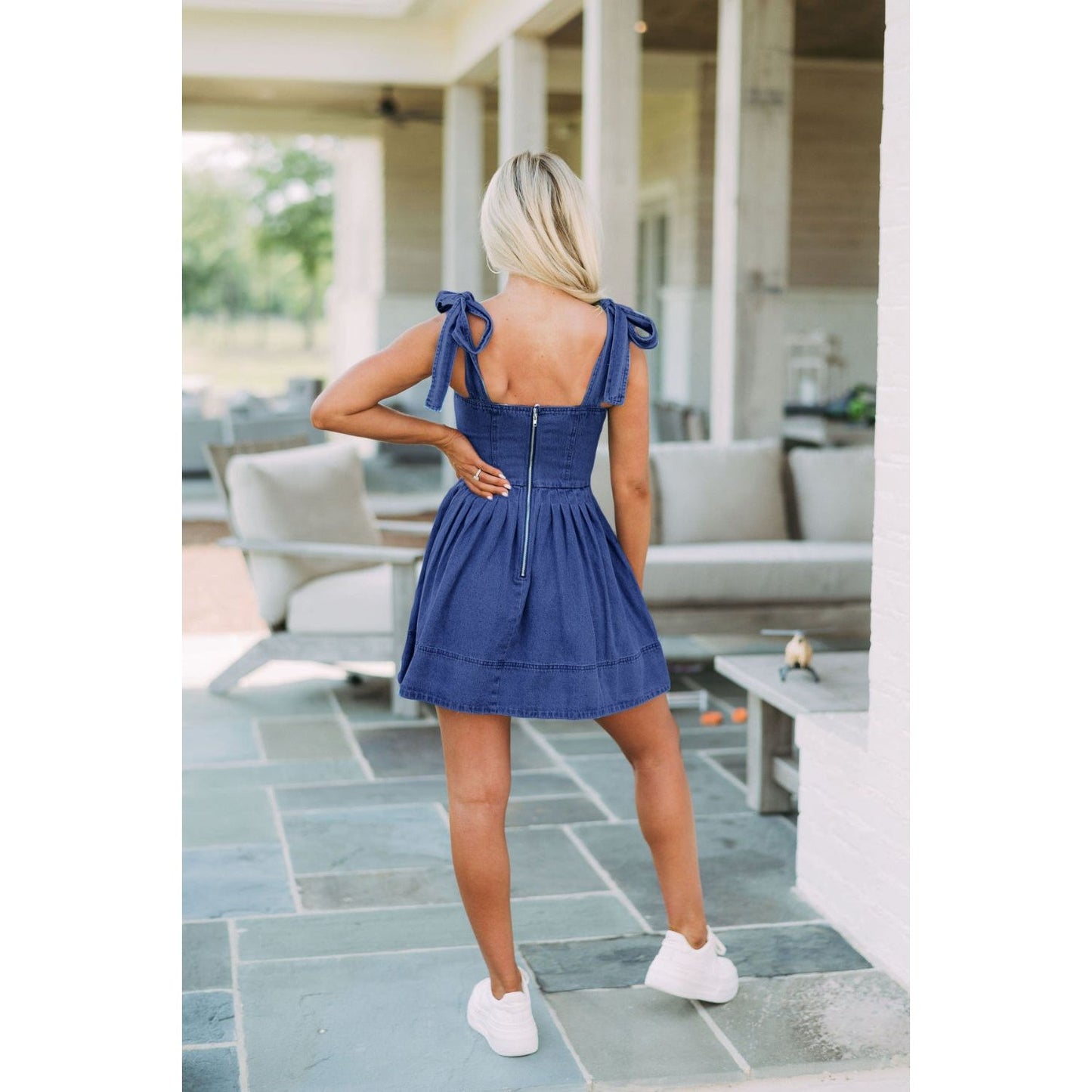 Square Neck Tie Shoulder Denim Dress