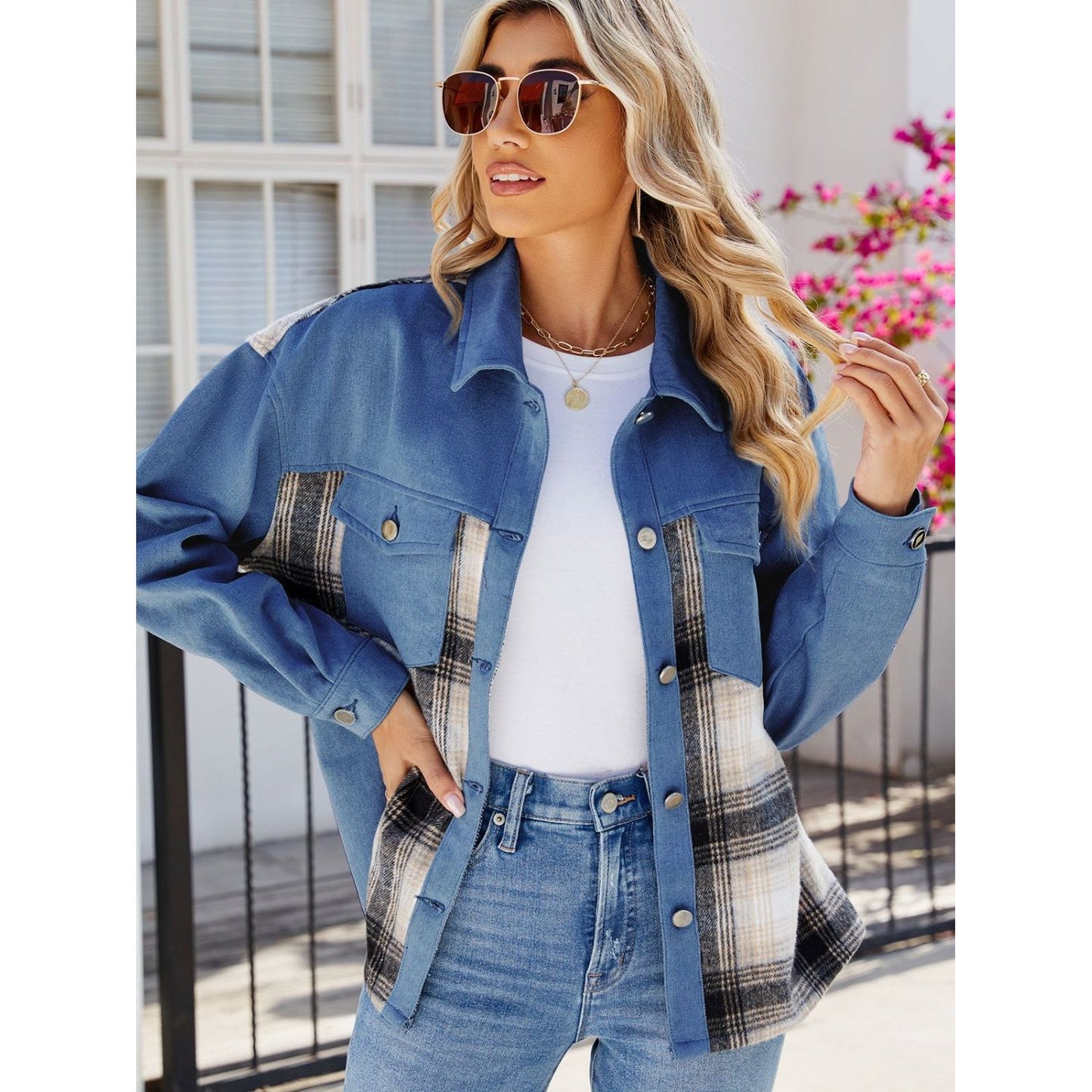 Plaid Button Up Long Sleeve Denim Jacket