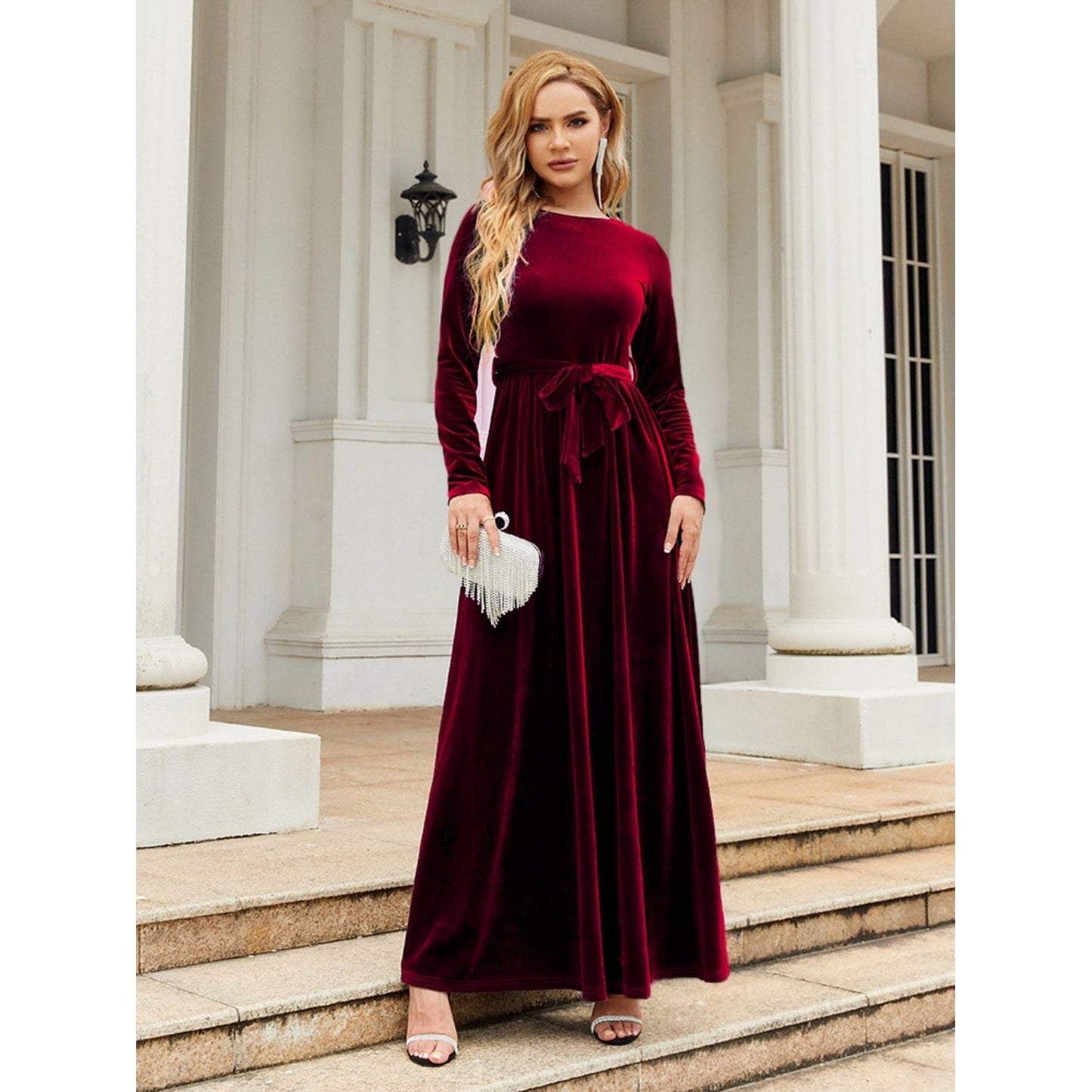 Tie Front Round Neck Long Sleeve Maxi Dress