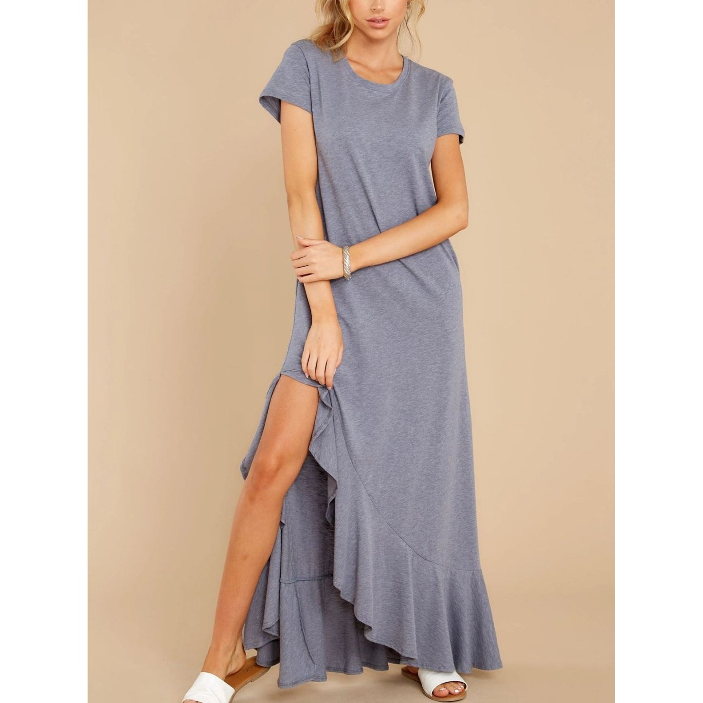 Slit Round Neck Short Sleeve Maxi Dress