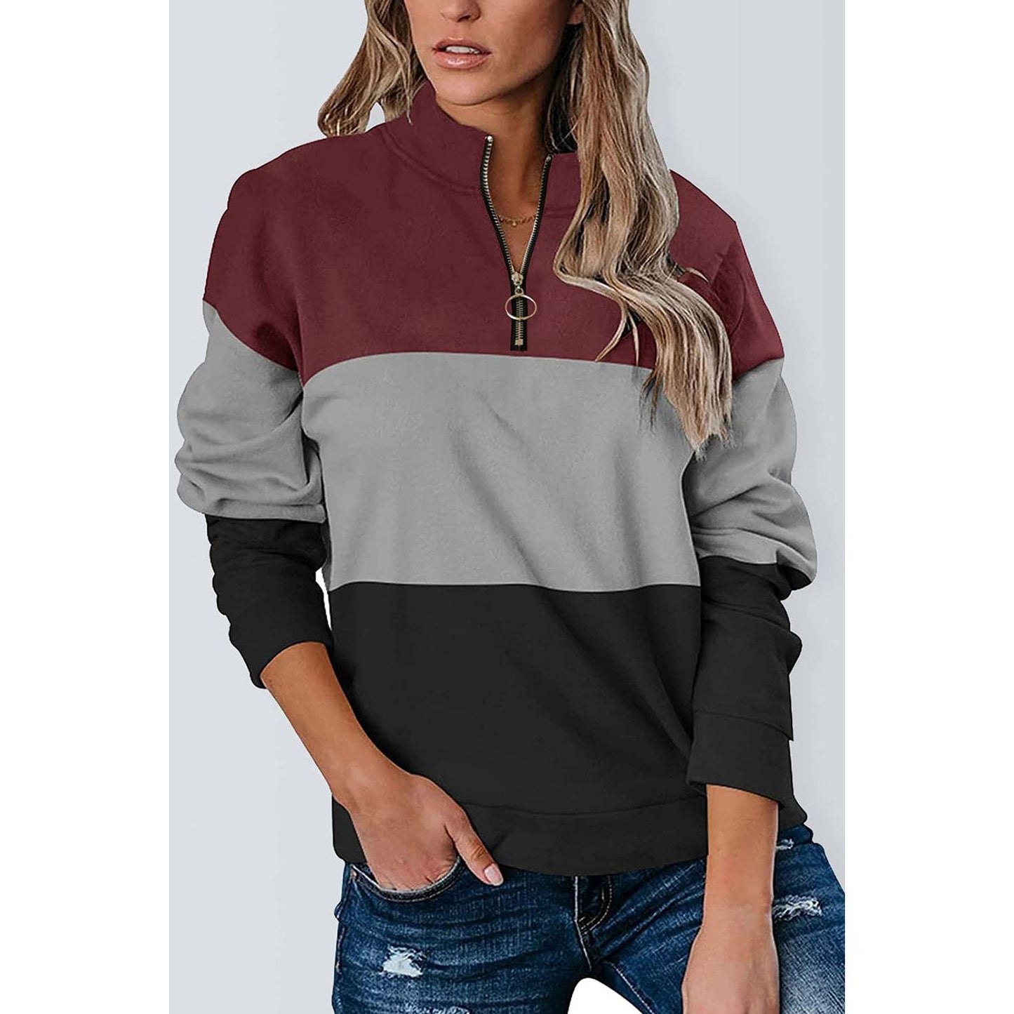 Full Size Color Block Quarter Zip Long Sleeve Sweatshirt