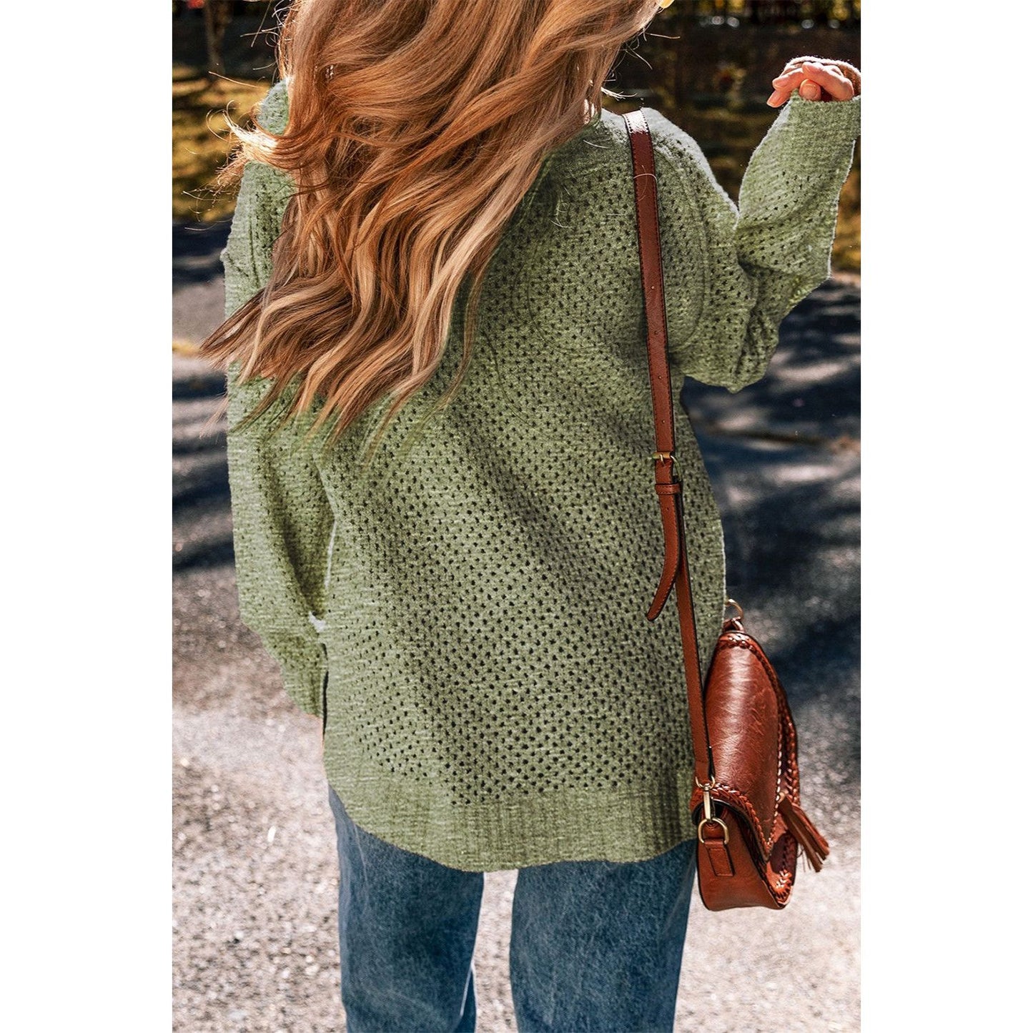 Openwork V-Neck Dropped Shoulder Sweater