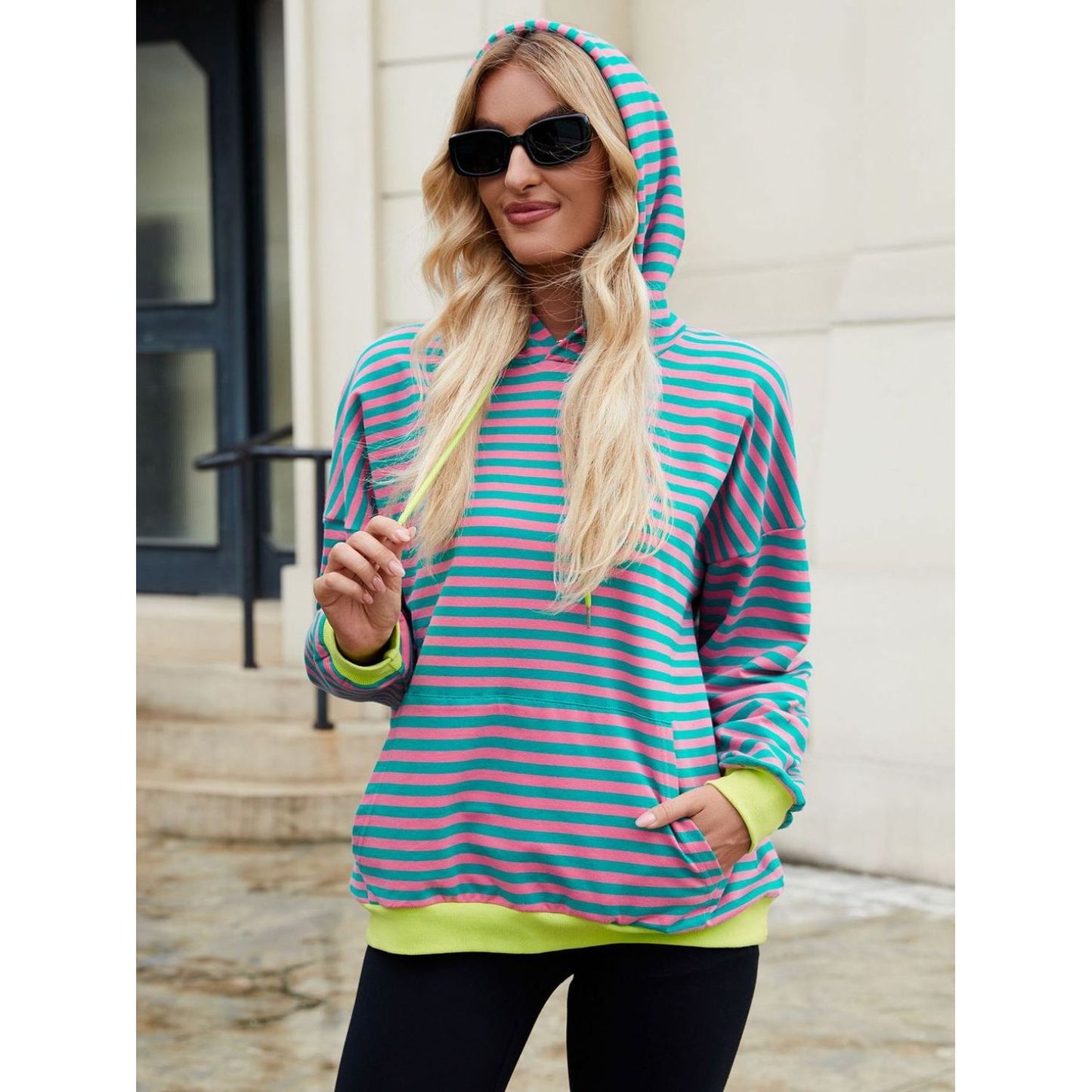 Drawstring Contrast Striped Long Sleeve Hoodie