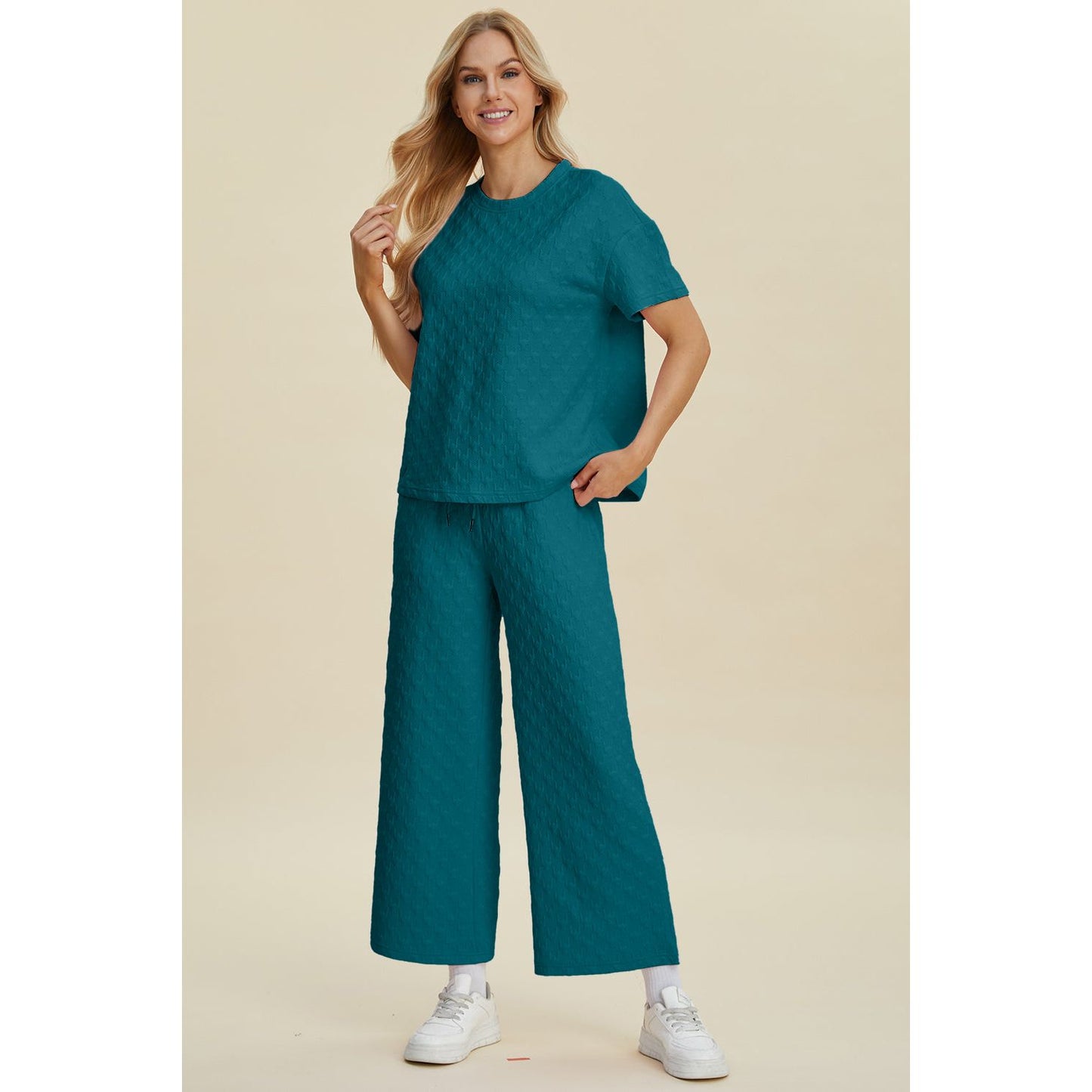 Double Take Full Size Texture Round Neck Short Sleeve Top and Pants Set