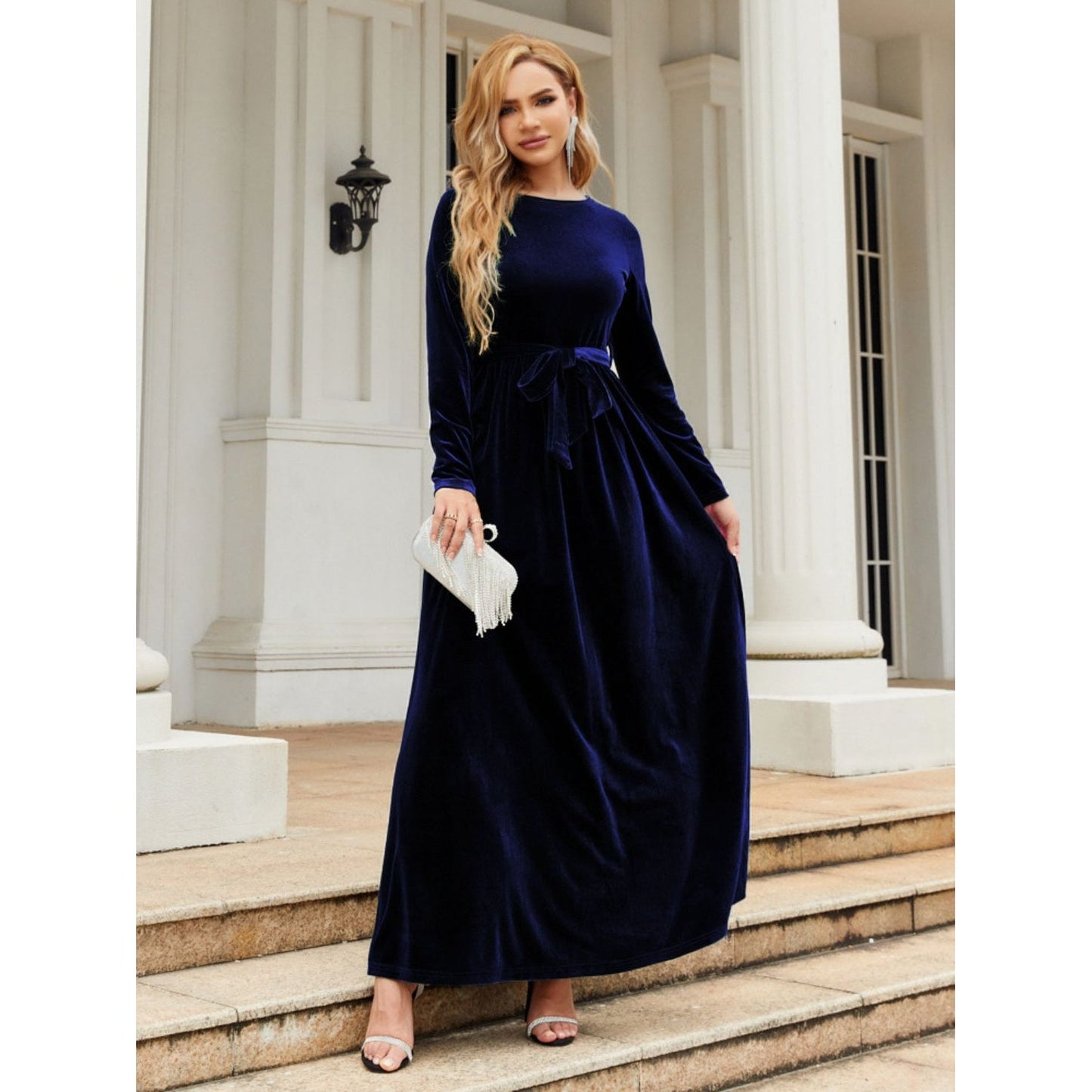 Tie Front Round Neck Long Sleeve Maxi Dress