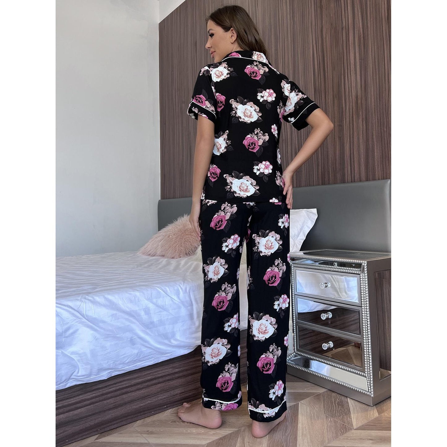 Floral Short Sleeve Shirt and Pants Lounge Set