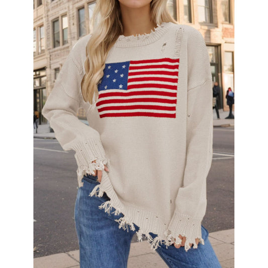 US Flag Distressed Round Neck Long Sleeve Sweater