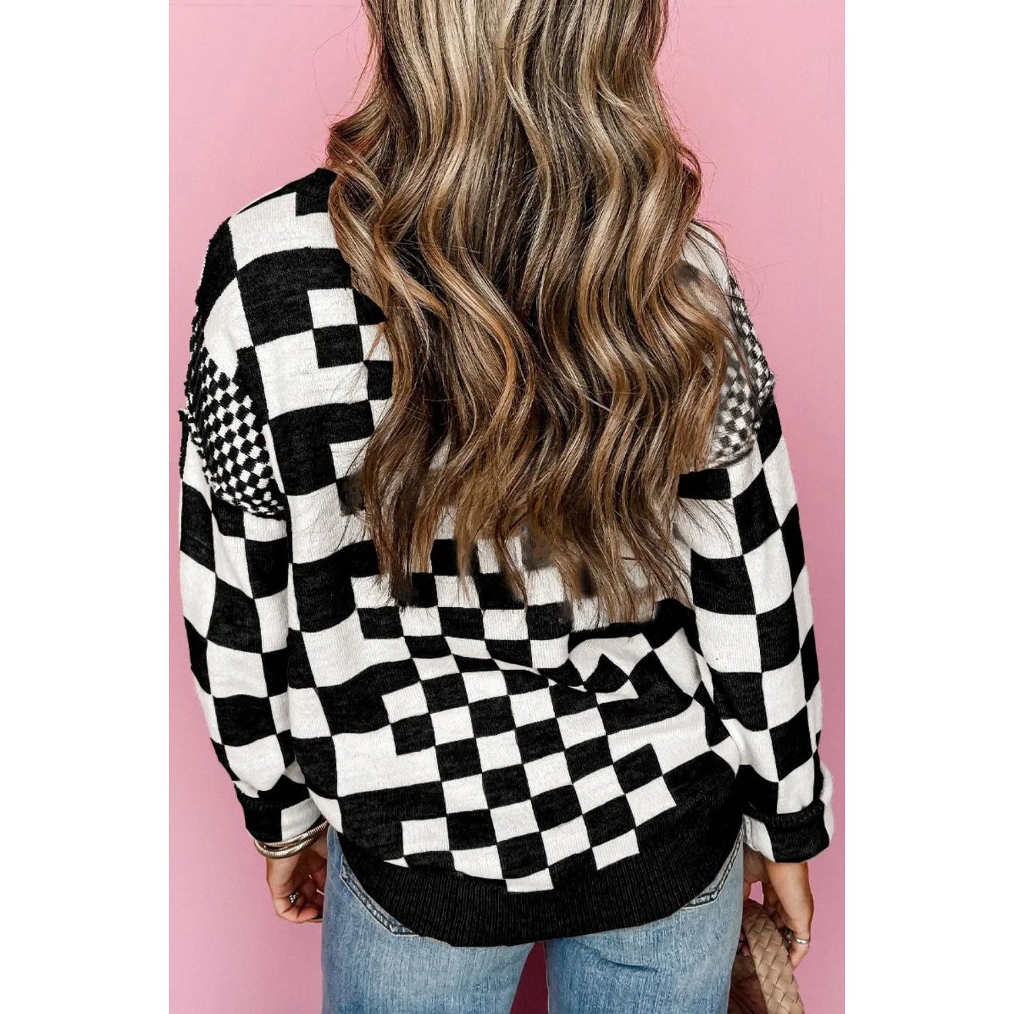 Checkered Round Neck Long Sleeve Sweater