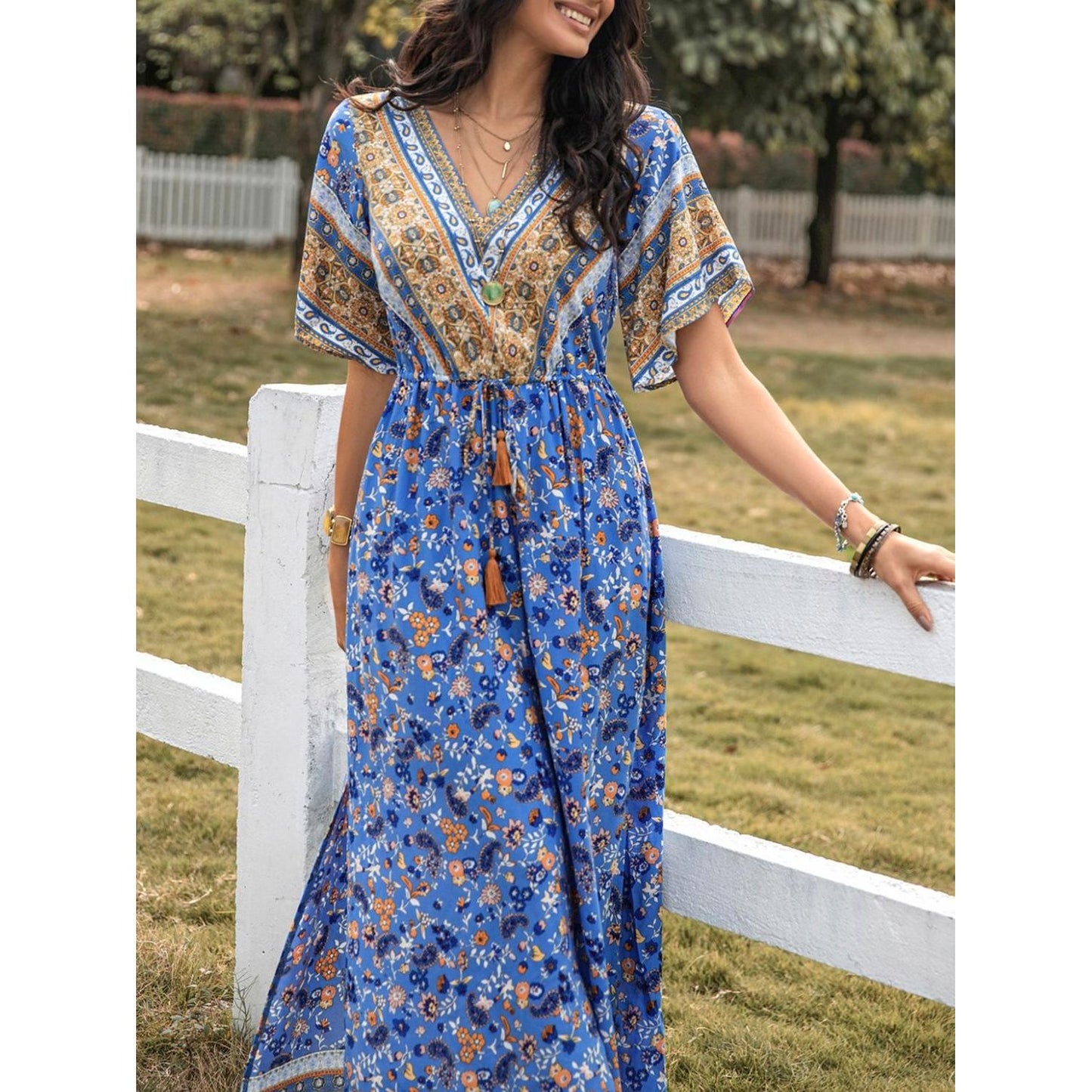 Slit Printed V-Neck Half Sleeve Maxi Dress