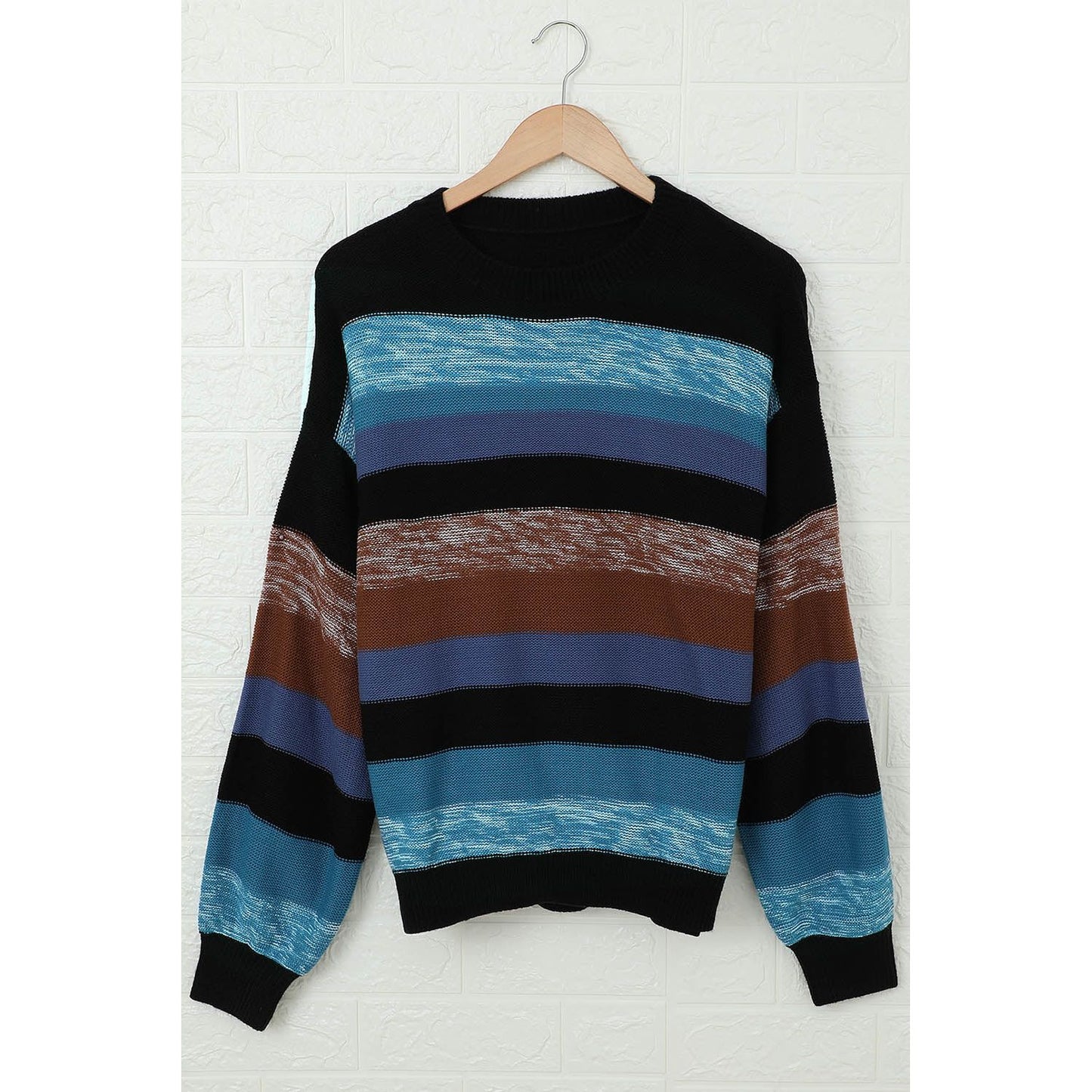 Contrast Striped Round Neck Drop Shoulder Sweater