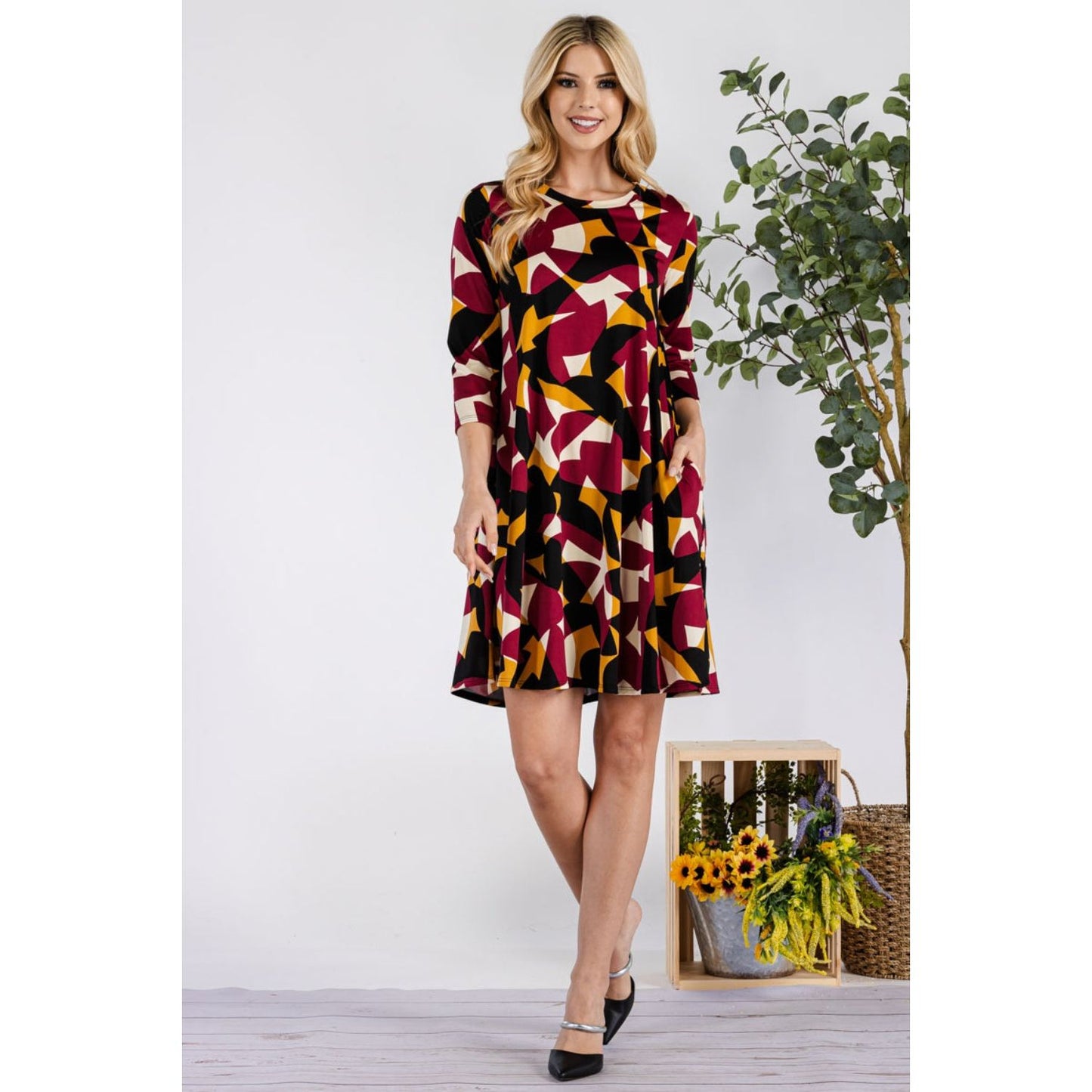 Celeste Full Size Geometric Round Neck Dress with Pockets