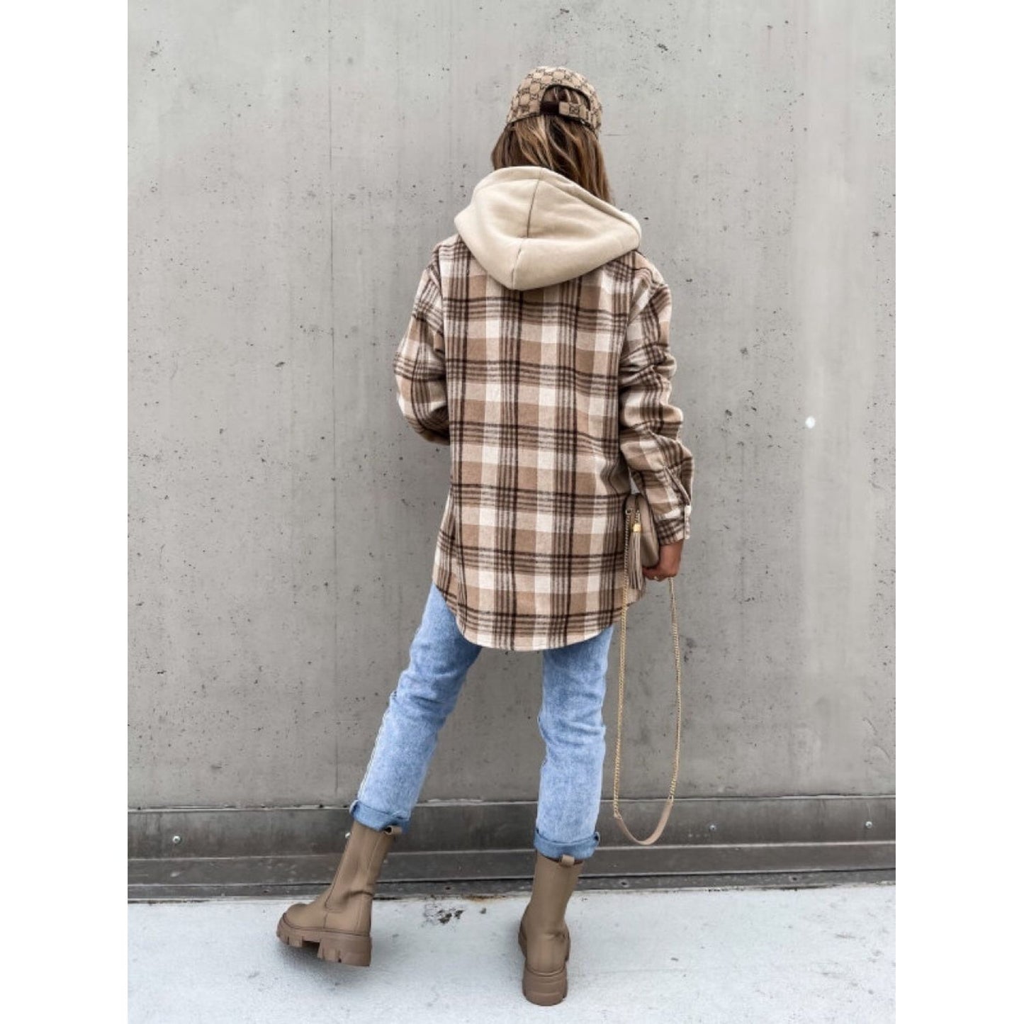 Plaid Dropped Shoulder Hooded Jacket