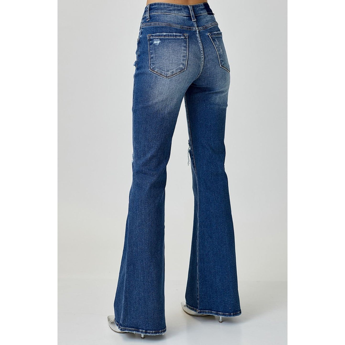 RISEN Distressed Button-Fly Flare Jeans