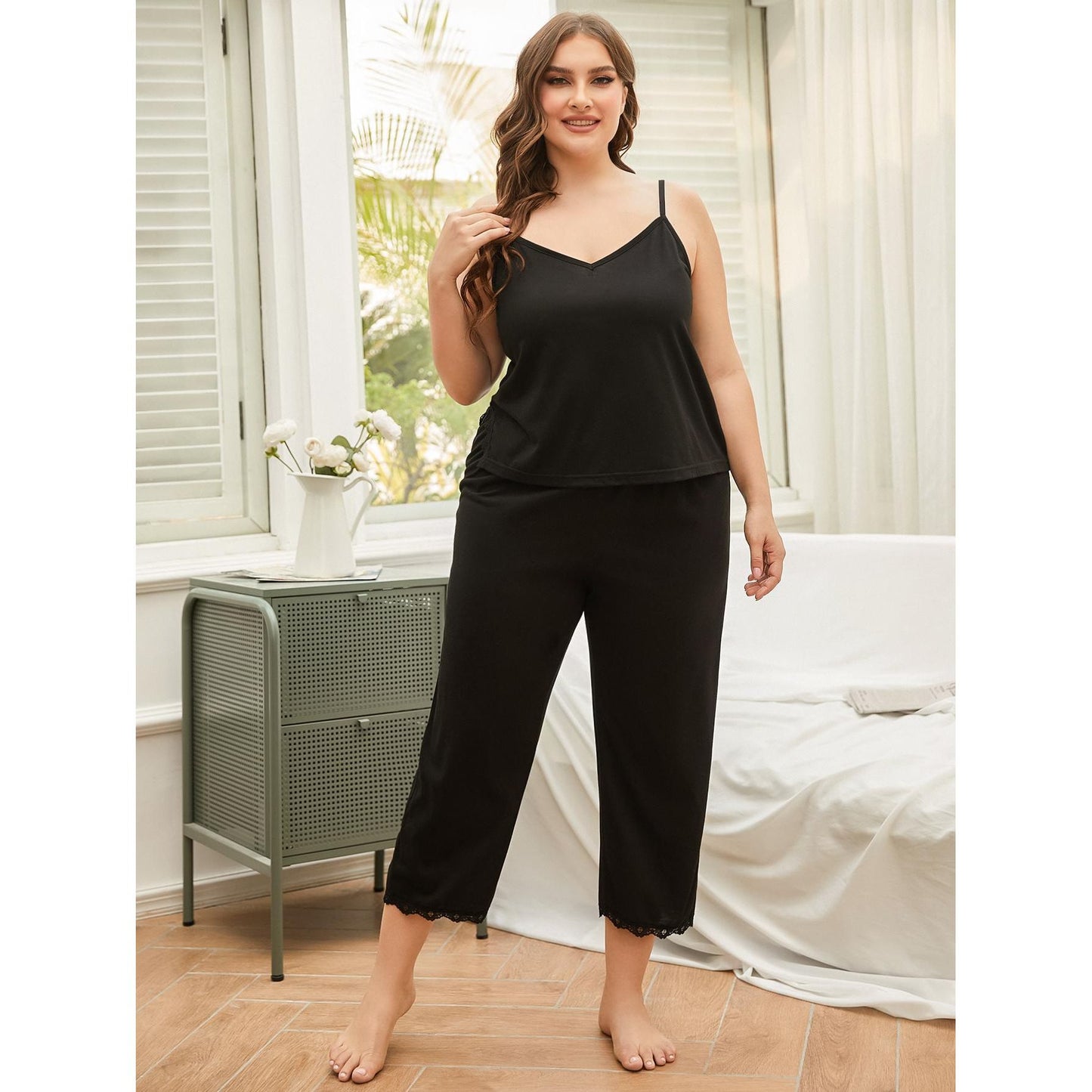 Plus Size Lace Trim Slit Cami and Pants Pajama Set