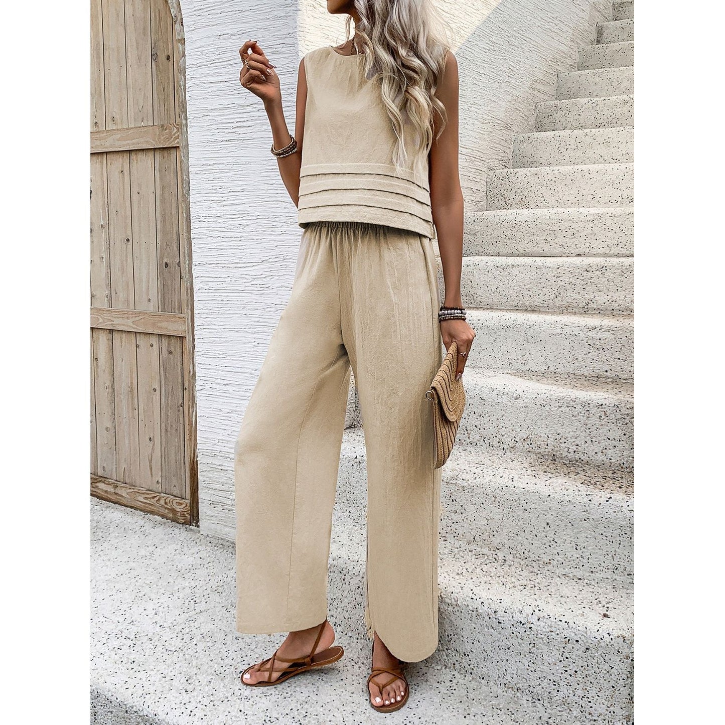 Honey Round Neck Sleeveless Top and Wide Leg Pants Set