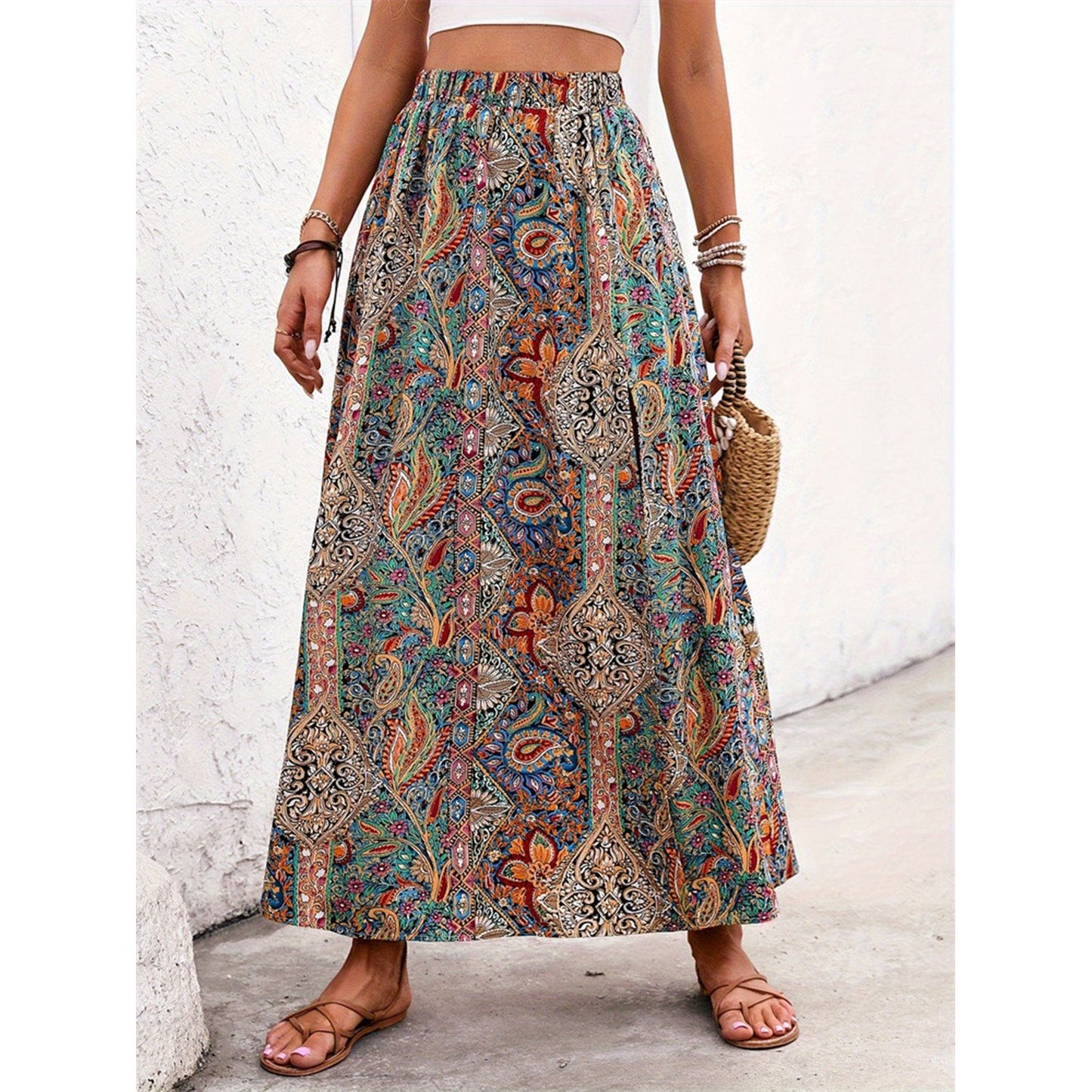 Slit Printed Elastic Waist Skirt