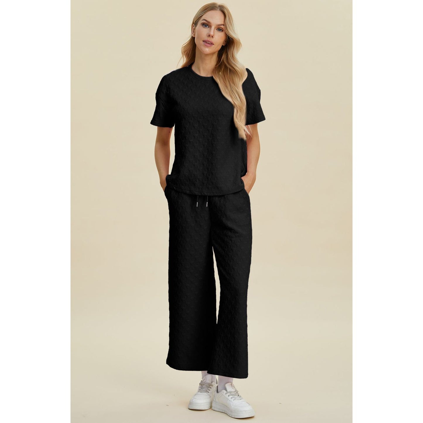 Double Take Full Size Texture Round Neck Short Sleeve Top and Pants Set