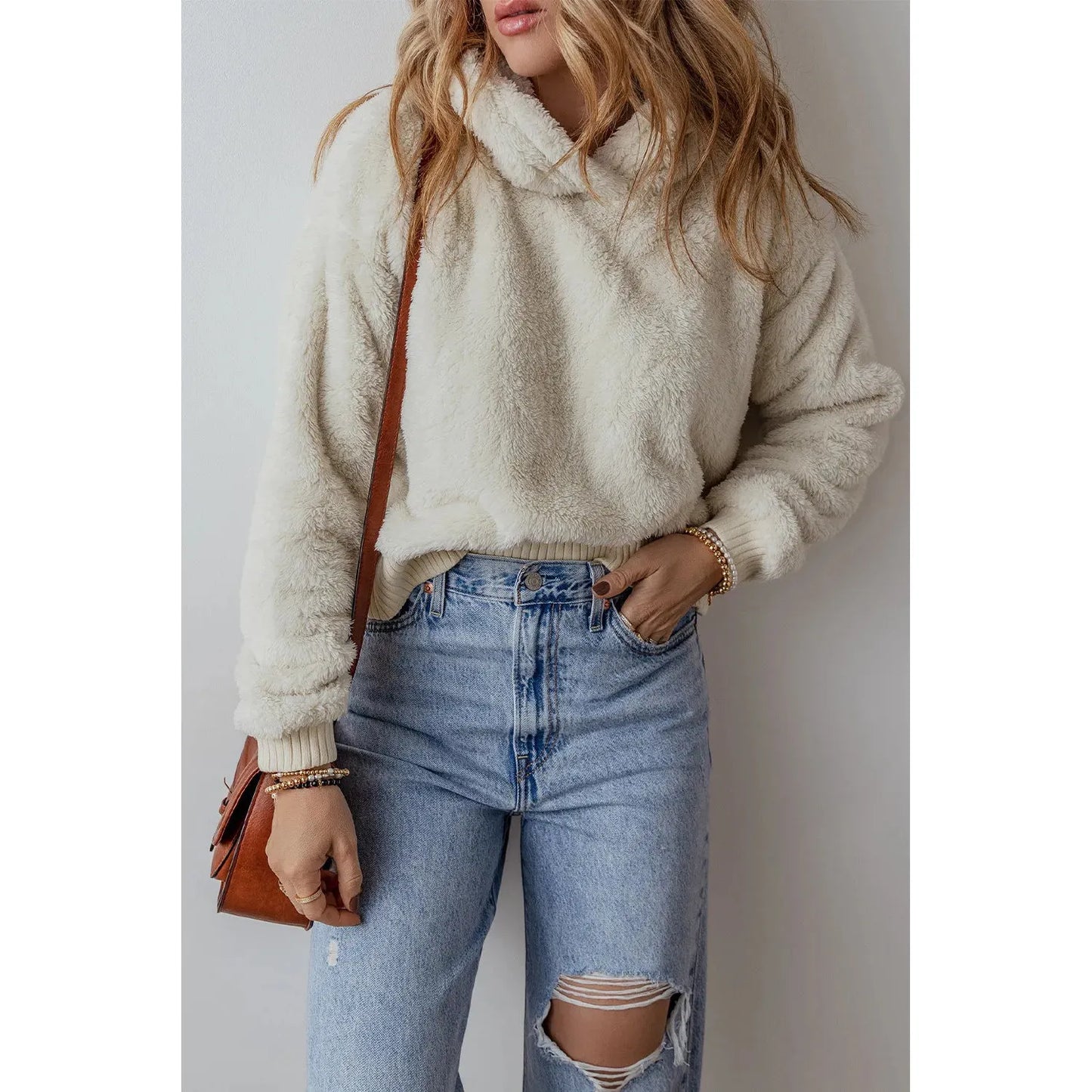 Fuzzy Dropped Shoulder Long Sleeve Hoodie