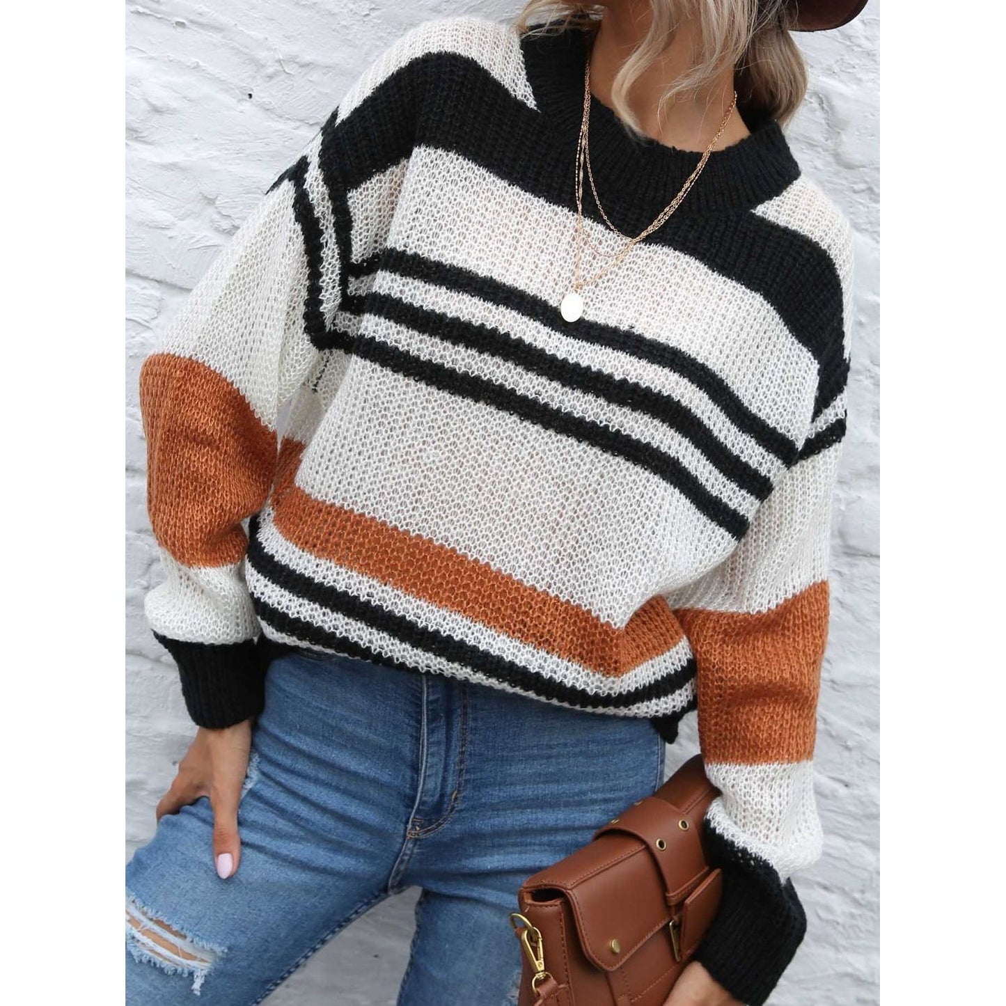 Contrast Striped Round Neck Long Sleeve Sweater