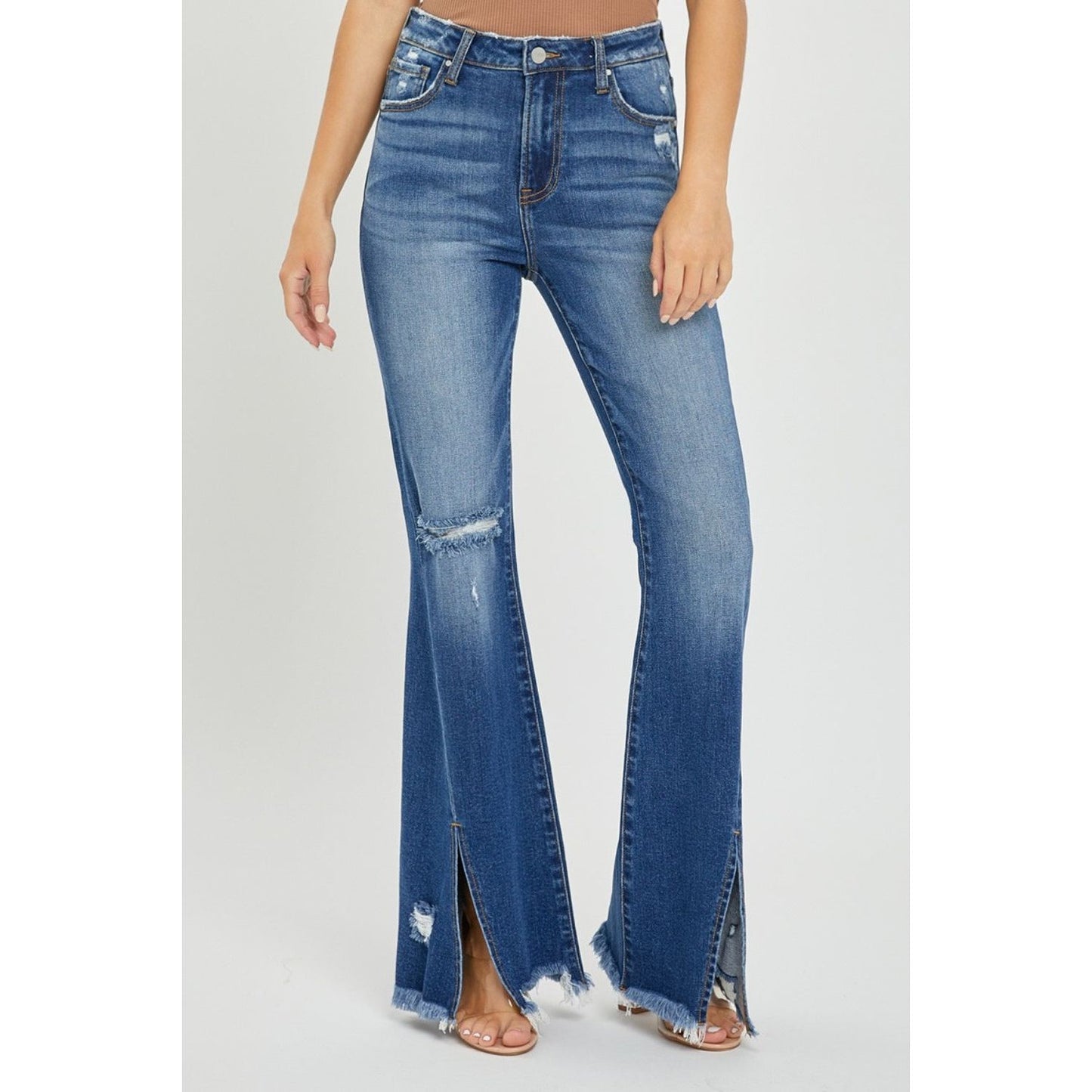 RISEN Full Size High Rise Front Slit Frayed Hem Flare Jeans