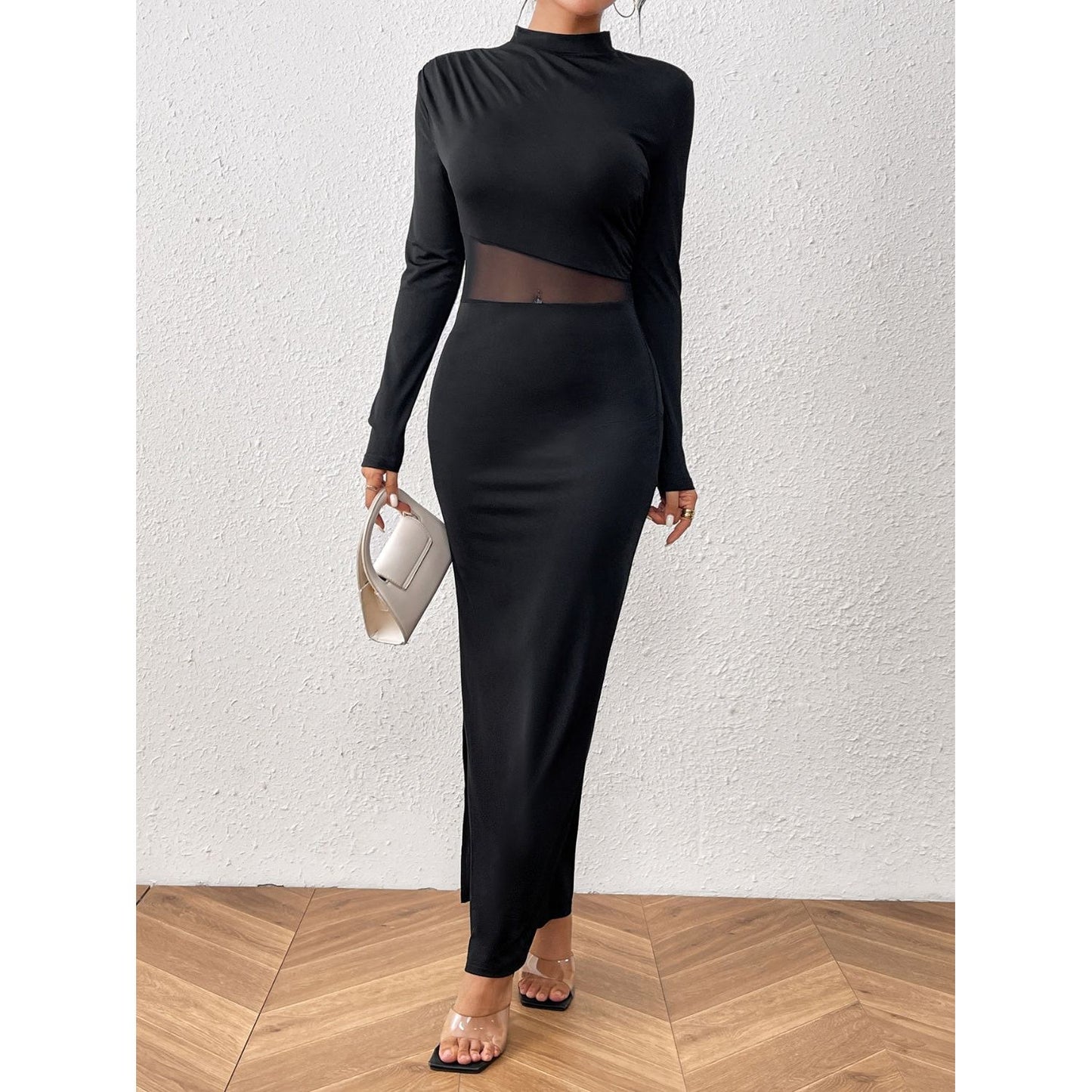 Honey Slit Mock Neck Long Sleeve Maxi Dress