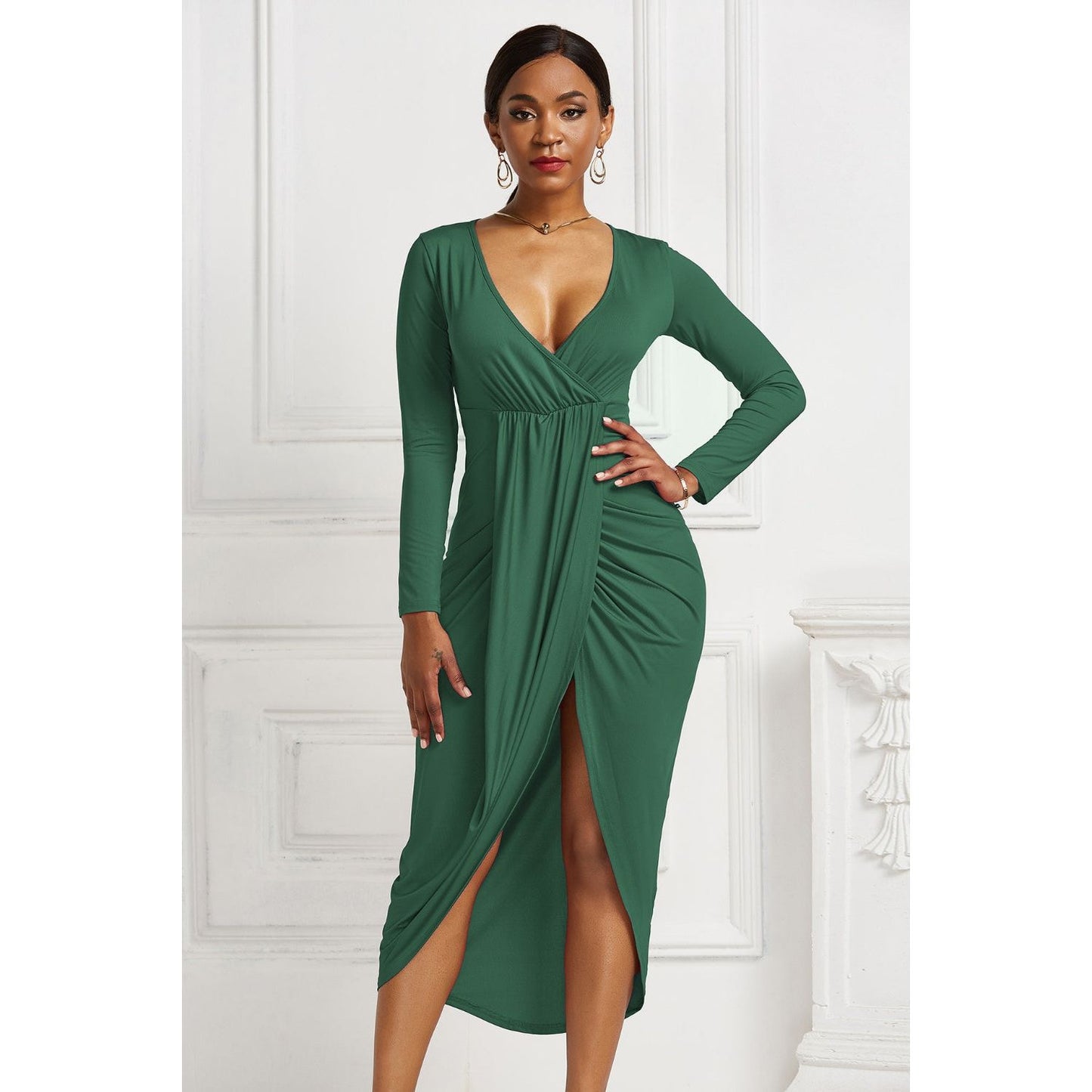 High-low Ruched Surplice Long Sleeve Dress