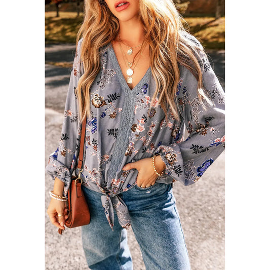 Lace Detail V-Neck Balloon Sleeve Blouse