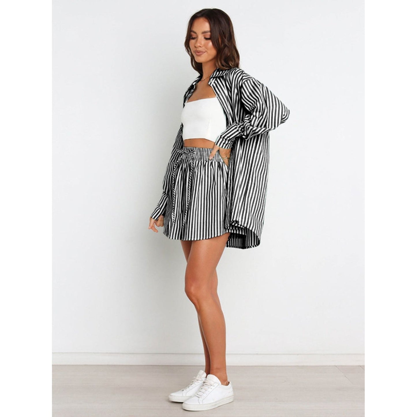 Striped Dropped Shoulder Shirt and Shorts Set