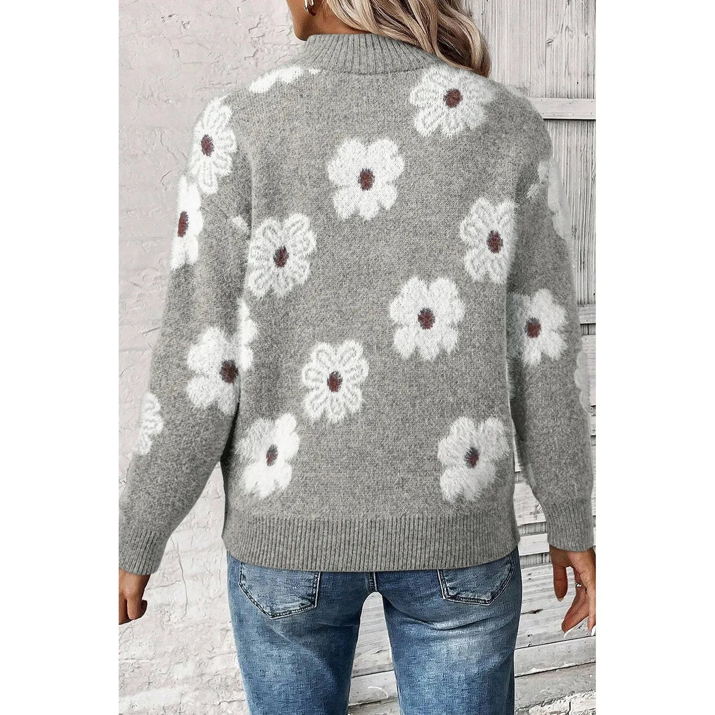 Flower Half Zip Long Sleeve Sweater