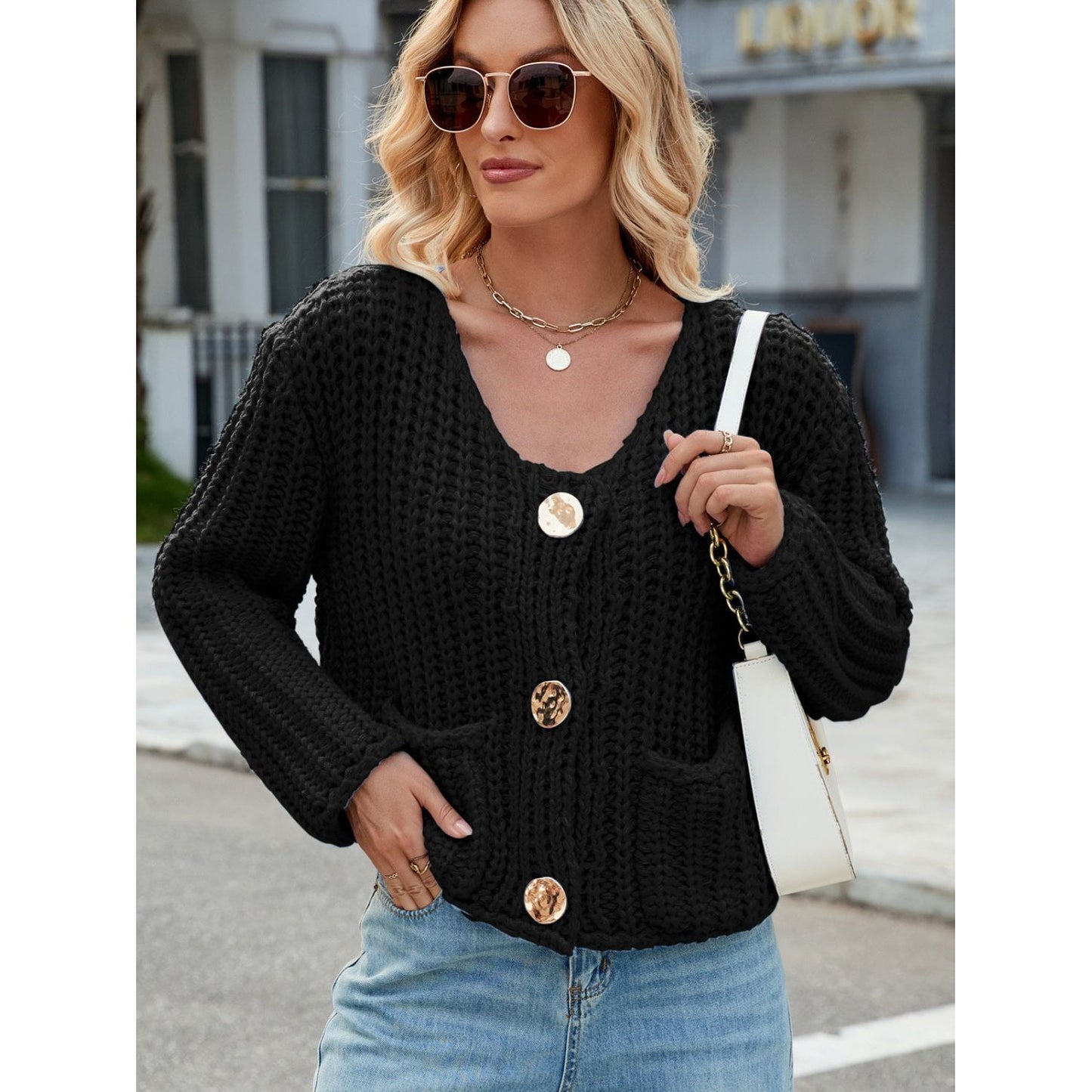 Round Neck Button Up Cardigan with Pockets