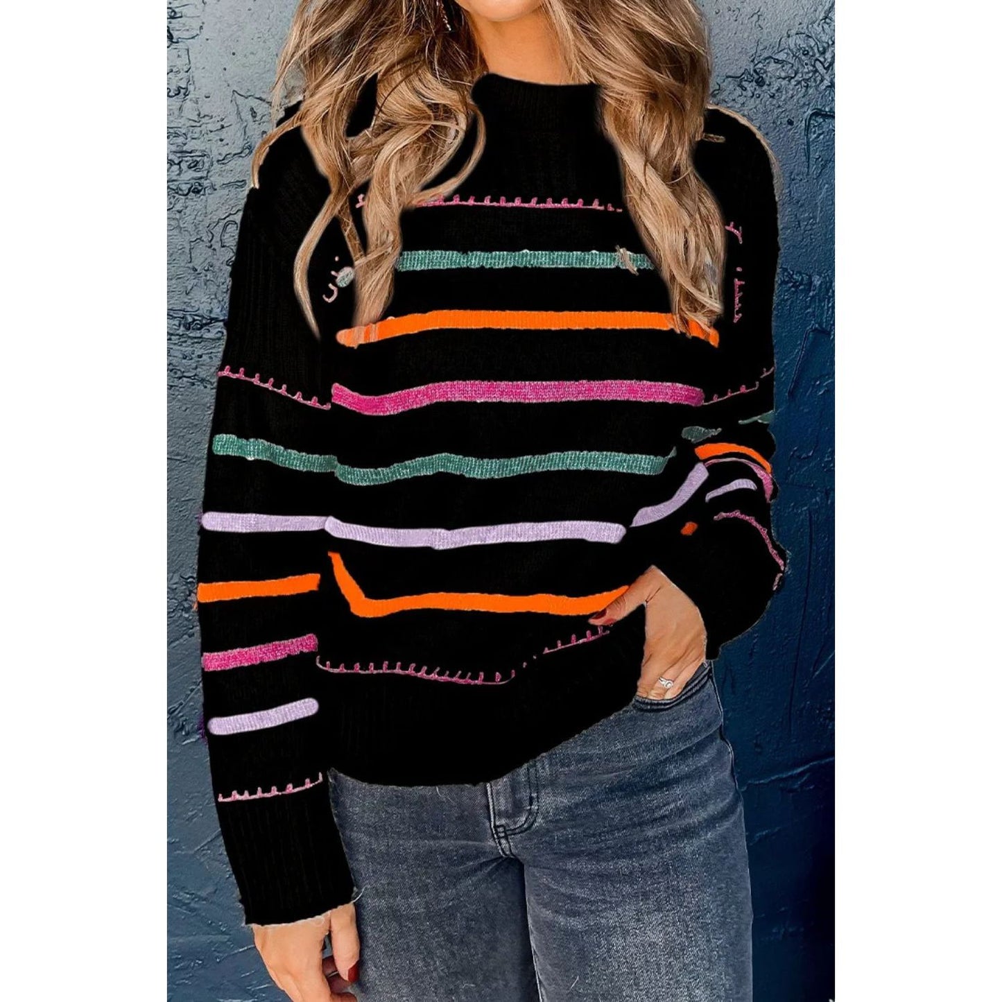 Striped Round Neck Dropped Shoulder Sweater