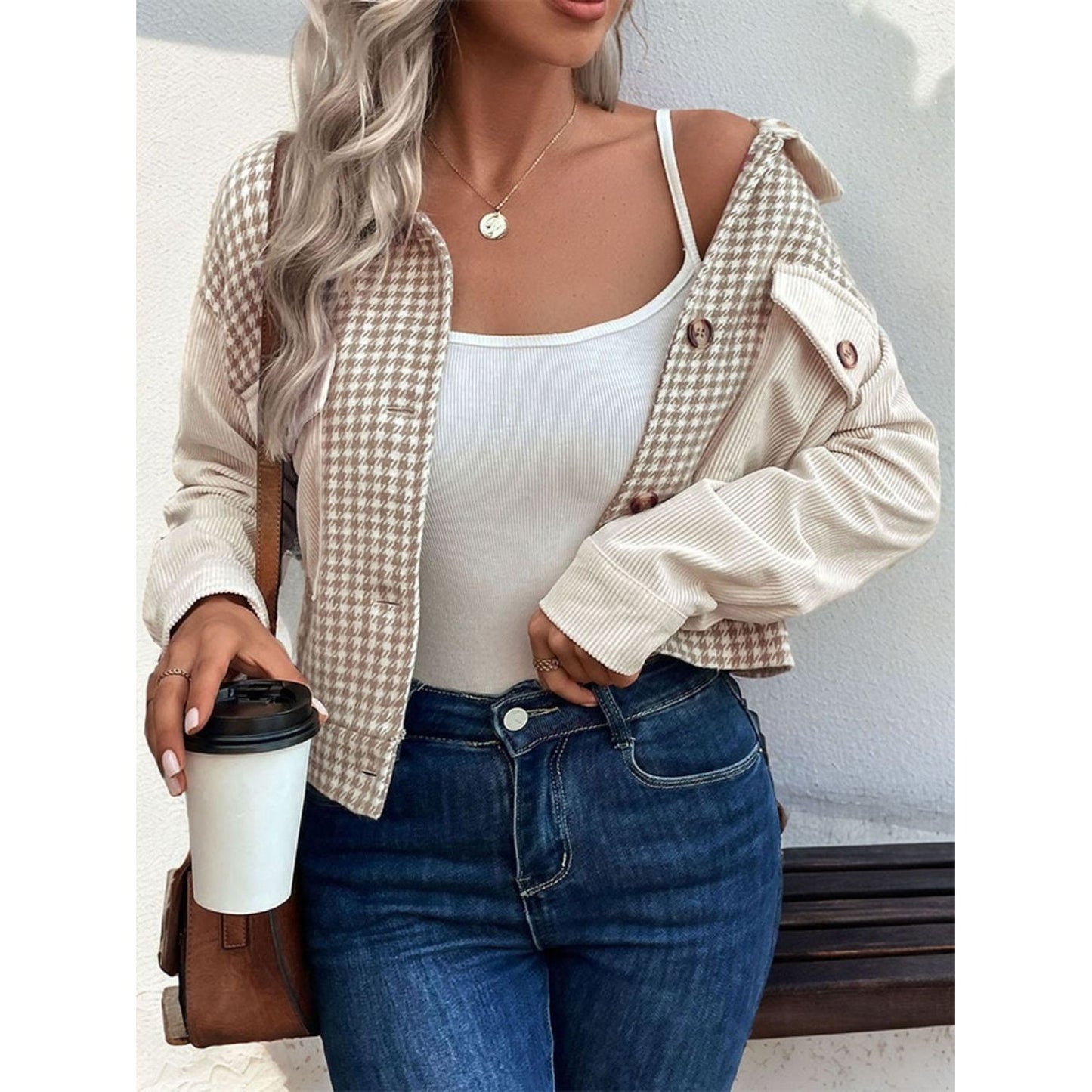 Pocketed Houndstooth Long Sleeve Jacket