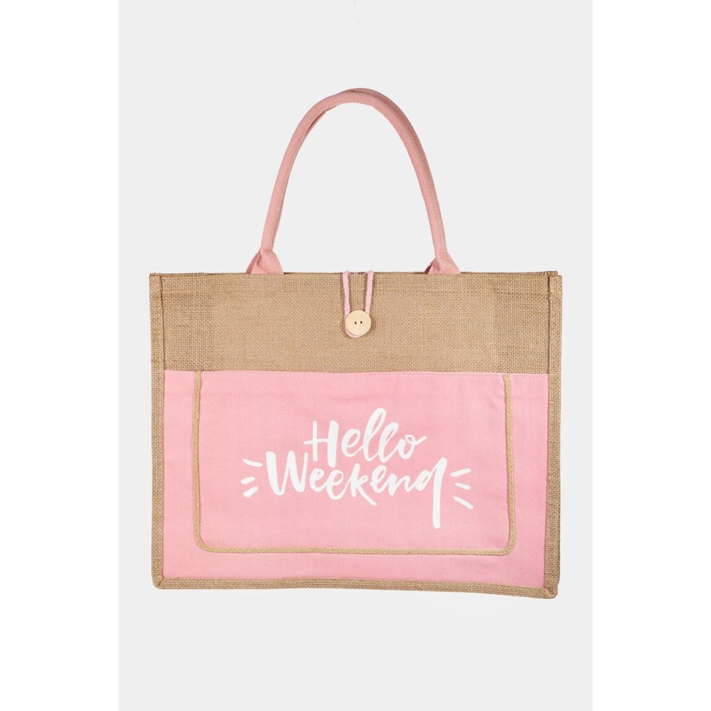 Fame Hello Weekend Burlap Tote Bag