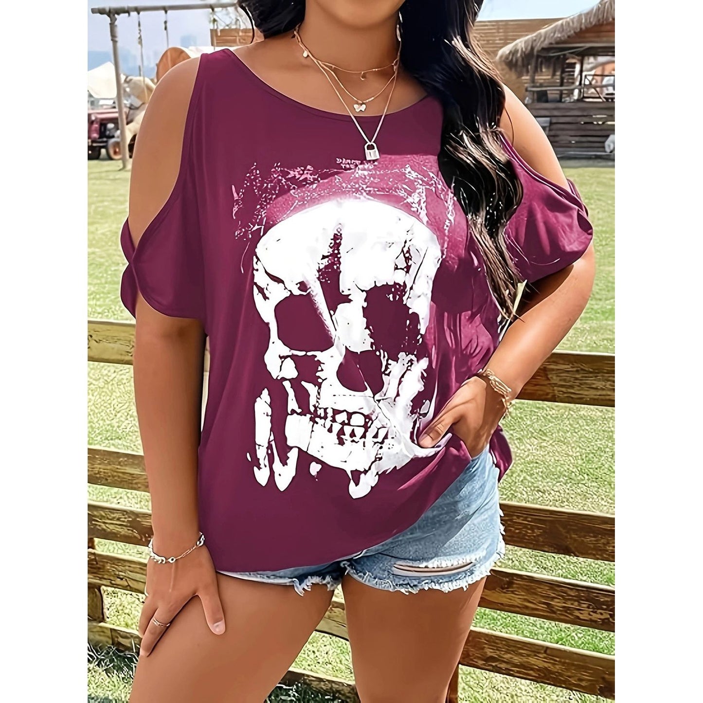 Plus Size Skeleton Graphic Round Neck Cold Shoulder T-Shirt