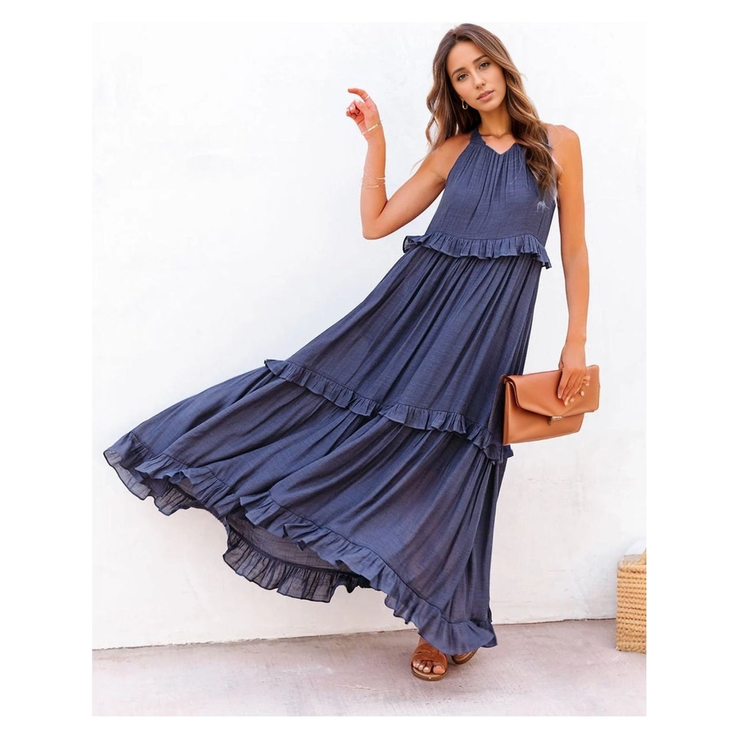 Ruffled Sleeveless Tiered Maxi Dress with Pockets